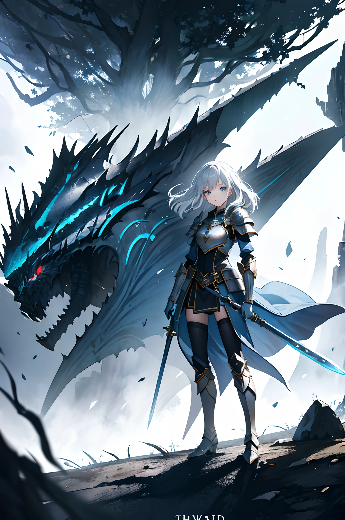 armor，Girly black hair，warriors，Shield in left hand and sword in right，eBlue eyes，dragon girl --auto