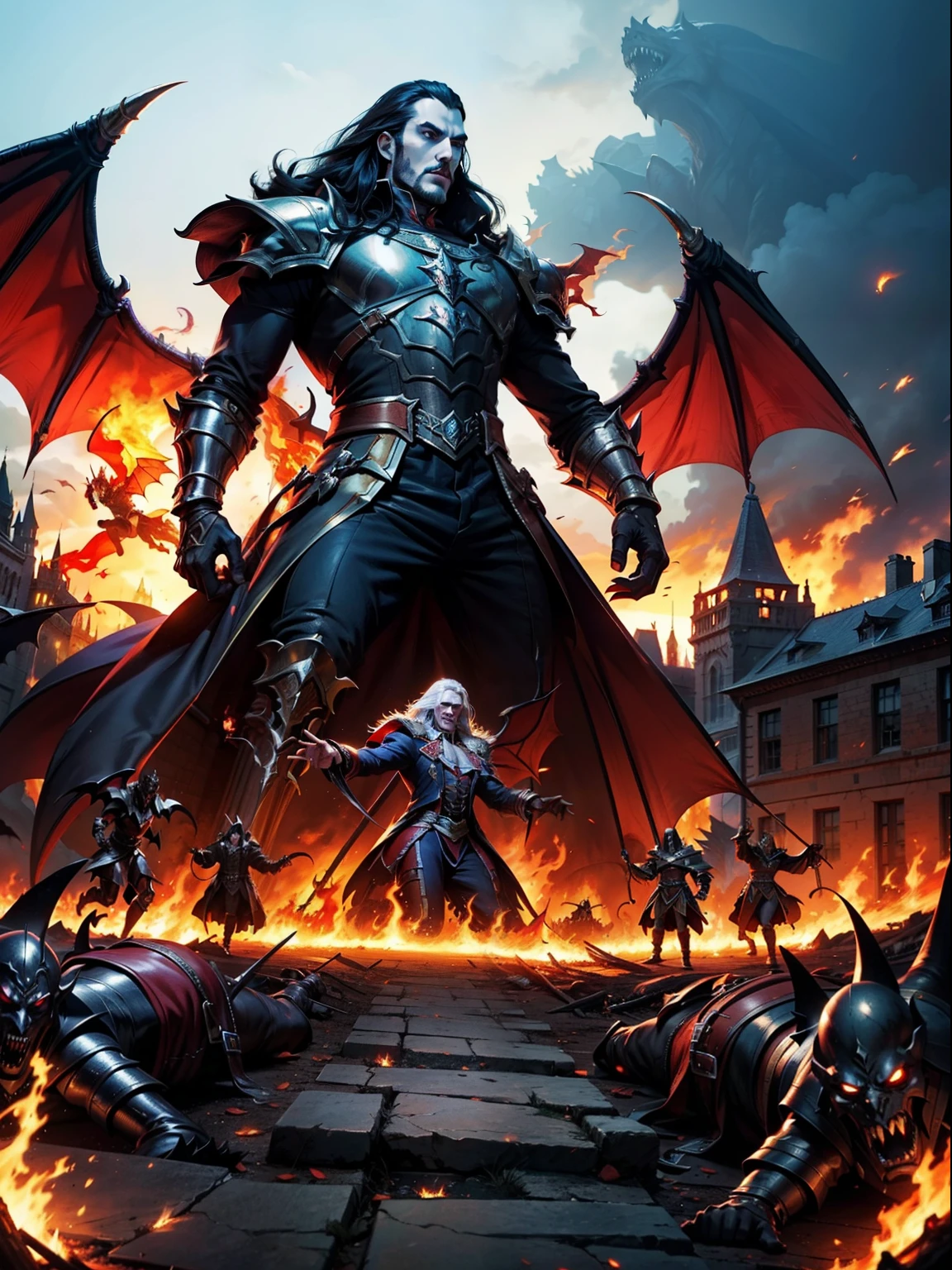 Castlevania Hyper Realistic Shadow Lord Super Detailed High Quality Masterpiece Lord Dracula leading an army of demons surrounding fiery fire hyper realistic