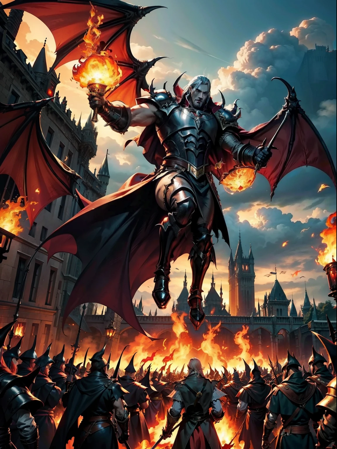 Castlevania Hyper Realistic Shadow Lord Super Detailed High Quality Masterpiece Lord Dracula leading an army of demons surrounding fiery fire hyper realistic