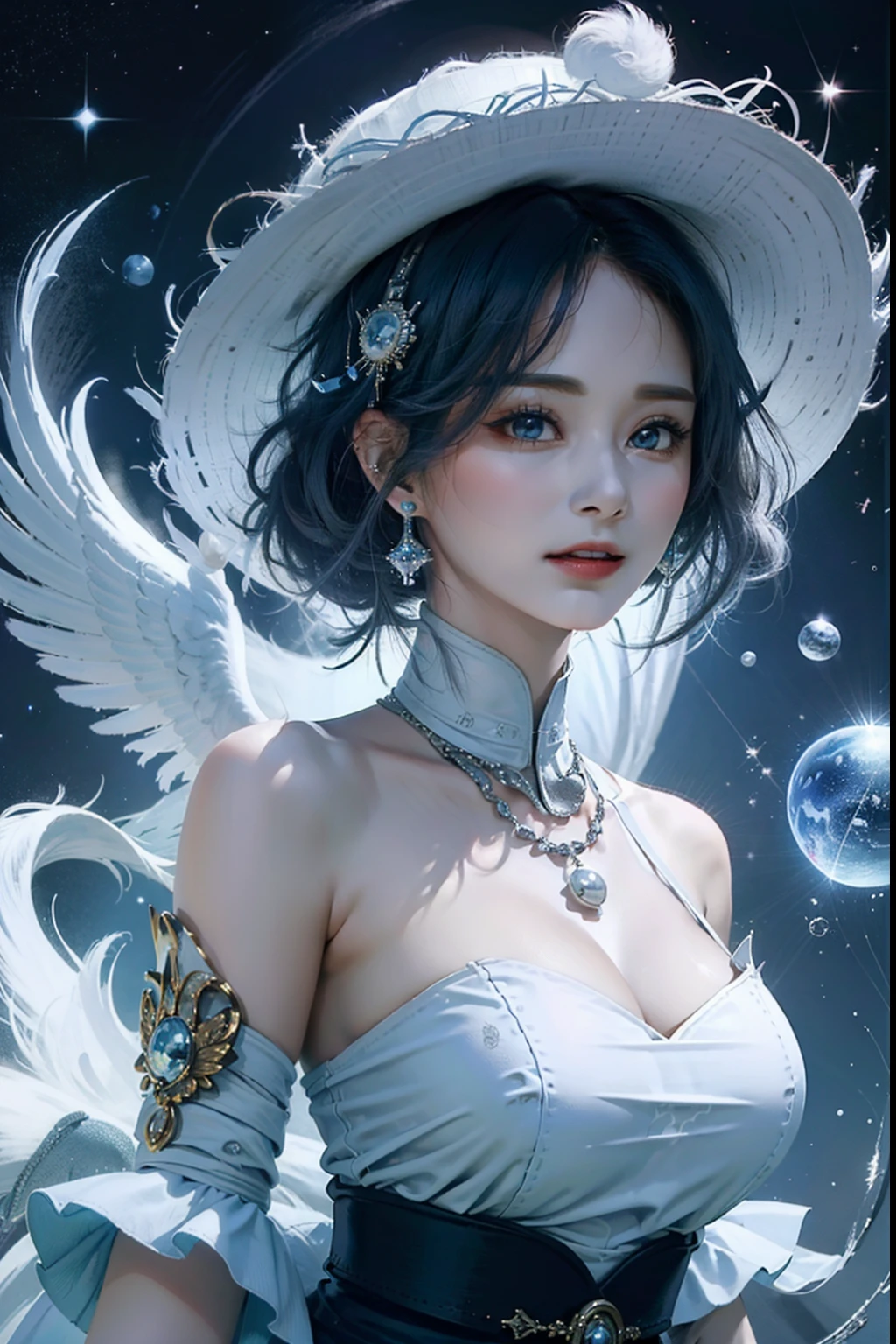 Gossip Diagram,Yin and Yang Eyes,taijitu,Woman,conservative clothing,Poor milk,(Wearing a big hat),Blue Crane,Wearing blue and red and white princess dresses,upper body close - up,Close-up photos,jewely,Vision of Heaven and Earth,Diamond,carp,The background is the Milky Way,solar system