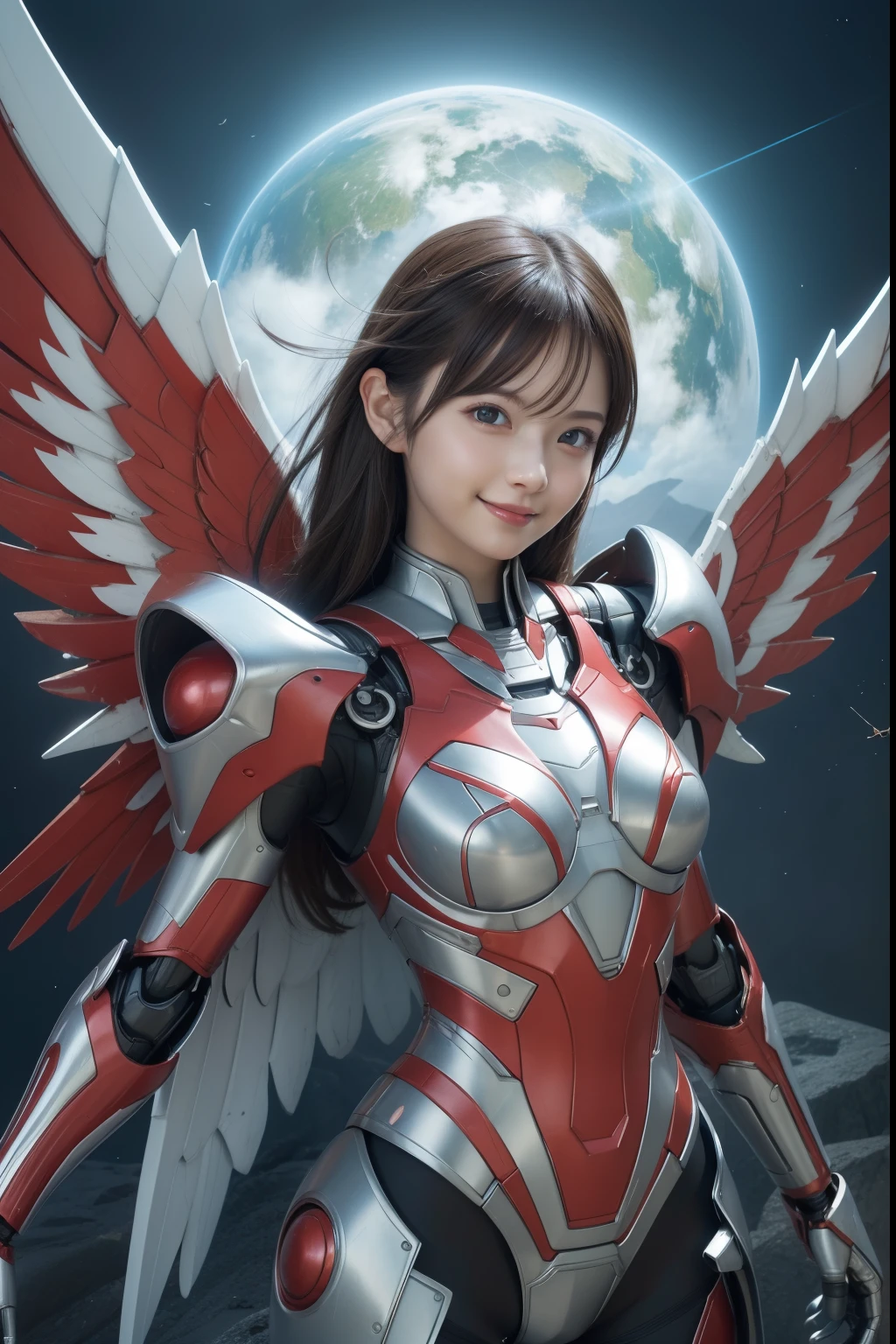 Digital Painting, Digital Illustration, Floating in the air、Fly through the sky with open metal wings、Landscape above the sky、Extreme Detail, Digital Art, 4K, Ultra Full 、Ulutra HD,analyzer、Supporting Female Robots、Cute smiling girl、Excellent brains、tiny chest、Slender figure、Red and white metal body、