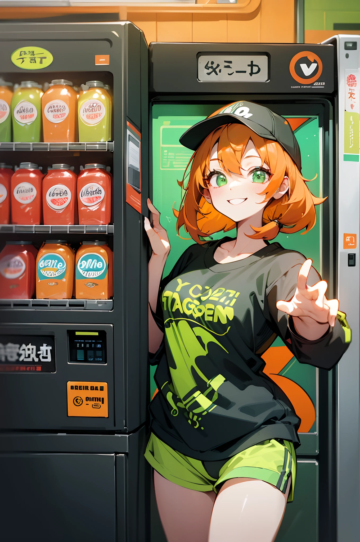 girl with、20yr old、Orange hair、Glowing green eyes、side poneyTail、Cheerful smile、Black Turtle T-Shirt、Green jacket、Stand in front of a vending machine