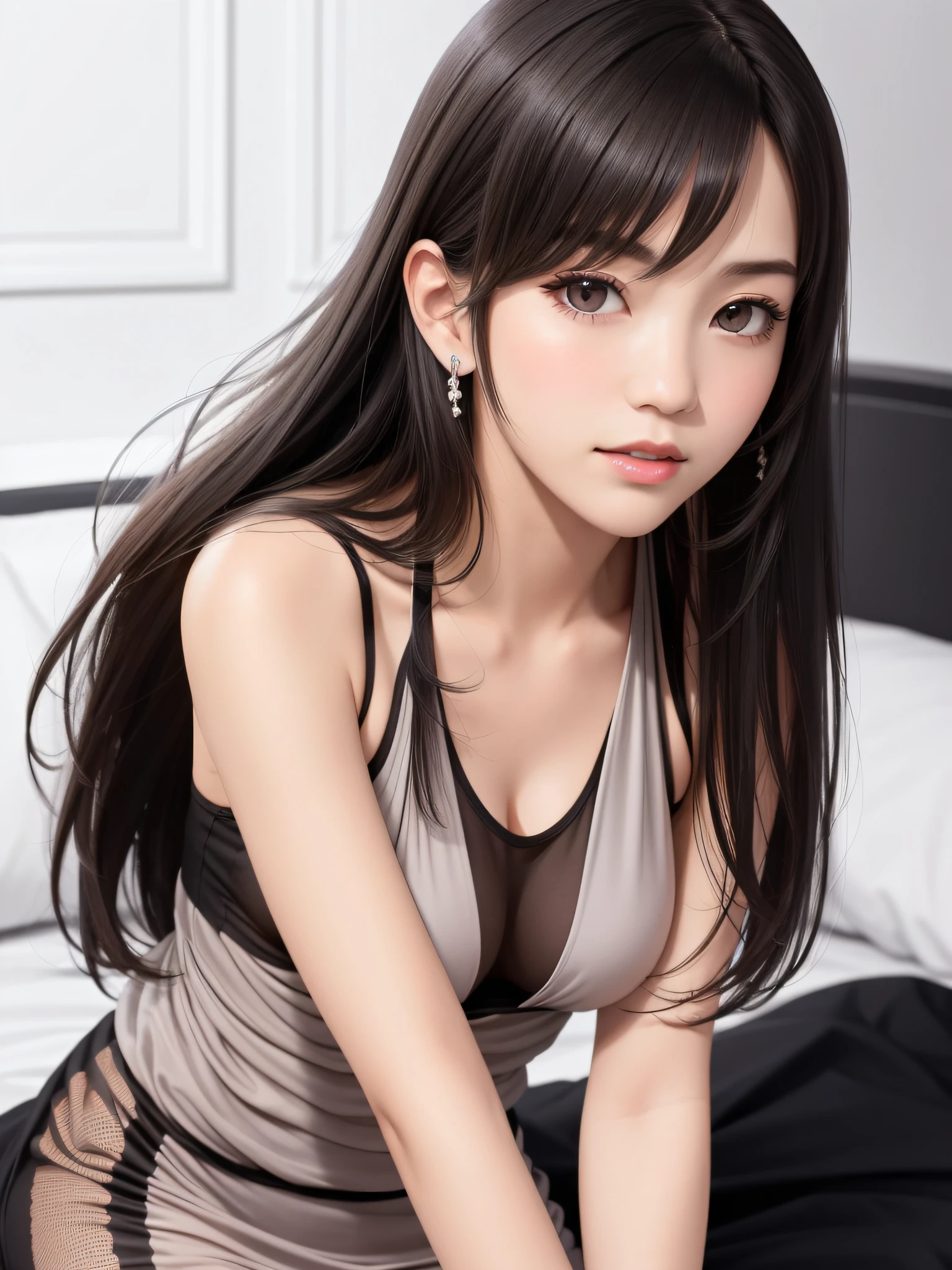 (top quality, masutepiece: 1.1), (Real: 1.4), BREAK (((FF7)))(((Tifa))),(Tifa:1.2),(bedroom,cute ,bed), BREAK (((FF7)))(((Tifa))),(light brown hair, Large breasts: 1.2), all on fours,(Tifa wearing Low-cut Sheer Dress:1.7), BREAK  (No bra) ,(Small and beautiful hard nipple) ,(oiled skin: 1.4), About 18 years old, Sensual