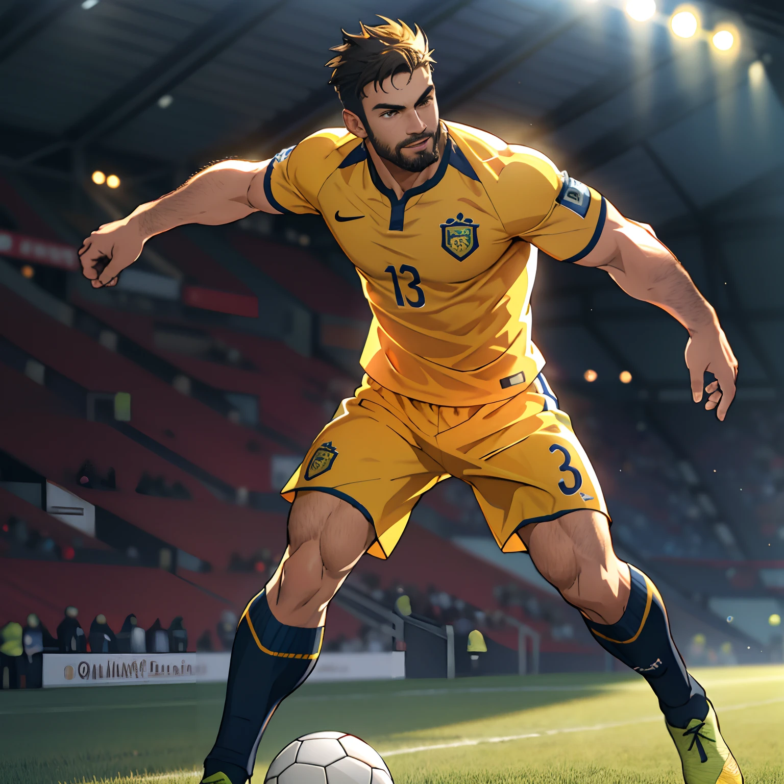 best quality, masterpiece, super high resolution, detailed background, realism, Illustrations, single, 1 boy, soccer field, muscles, volumetric lighting, depth of field, full body, facial hair, soccer player, yellow clothes