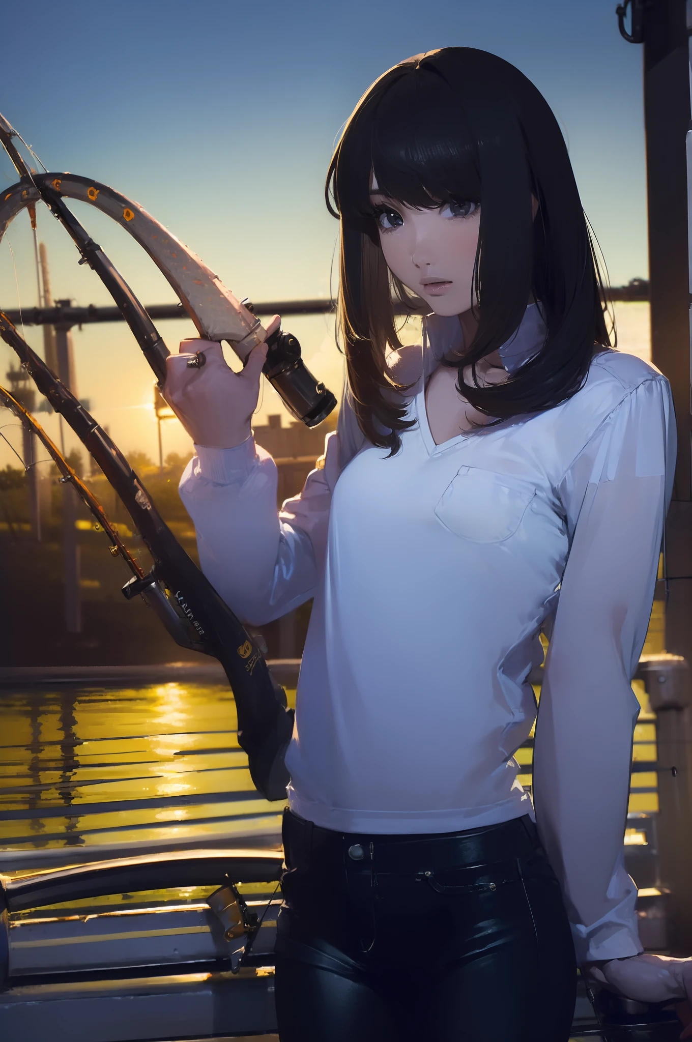 ((((having a fishing rod with a reel:1.5)))),((Female 28 years old)),((Best Quality:1.5)),(((Hands with the correct number and structure of fingers:1.4))),((riverside:1.37)),hight resolution,ultra-detailliert,​masterpiece,best qualtiy,(Eight-headed body),Black hair, long eyes-lashes, Solid Circle Eyes, drop shadow, Atmospheric perspective,Super Detail, ccurate, small brest,(Black jacket and black jeans :1.1),top-quality, blurry backround, bokeh dof:1.2, (​masterpiece:1.3),  Atmospheric perspective,Super Detail,dynamic compositions,