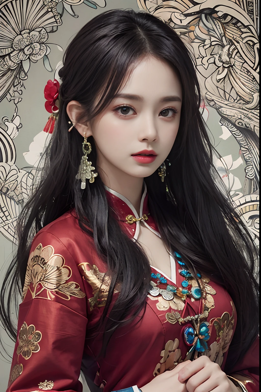 (masterpiece, top quality, best quality, official art, beautiful and aesthetic:1.2), (1girl:1.3), extremely detailed,(fractal art:1.1),(colorful:1.1)(flowers:1.3),highest detailed,(zentangle:1.2), (dynamic pose), (abstract background:1.3), (chinese Traditional cloth:1.2), (shiny skin), (many colors:1.4), ,(earrings:1.4),