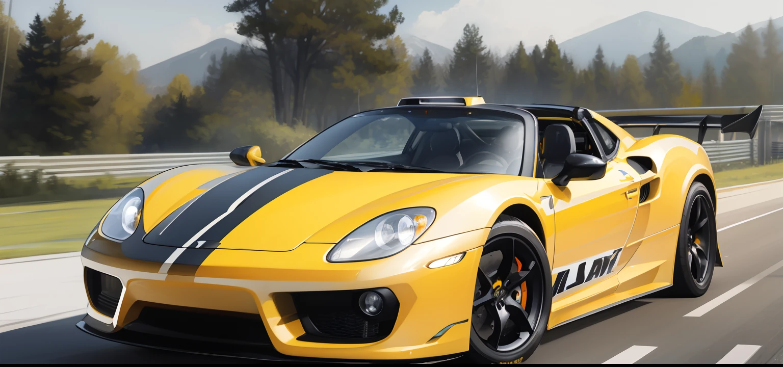 Yellow sports car driving on the road next to the forest, realistic car, sportscar, Realistic painting work, sportscar, Car Trading Games, sportscar, Powers, full view of a sport car, super car, orange racing stripes, GTA 6 leak, racecar, made with photoshop, Sharp graphics of low quality, super car, Highly realistic Unreal Engine