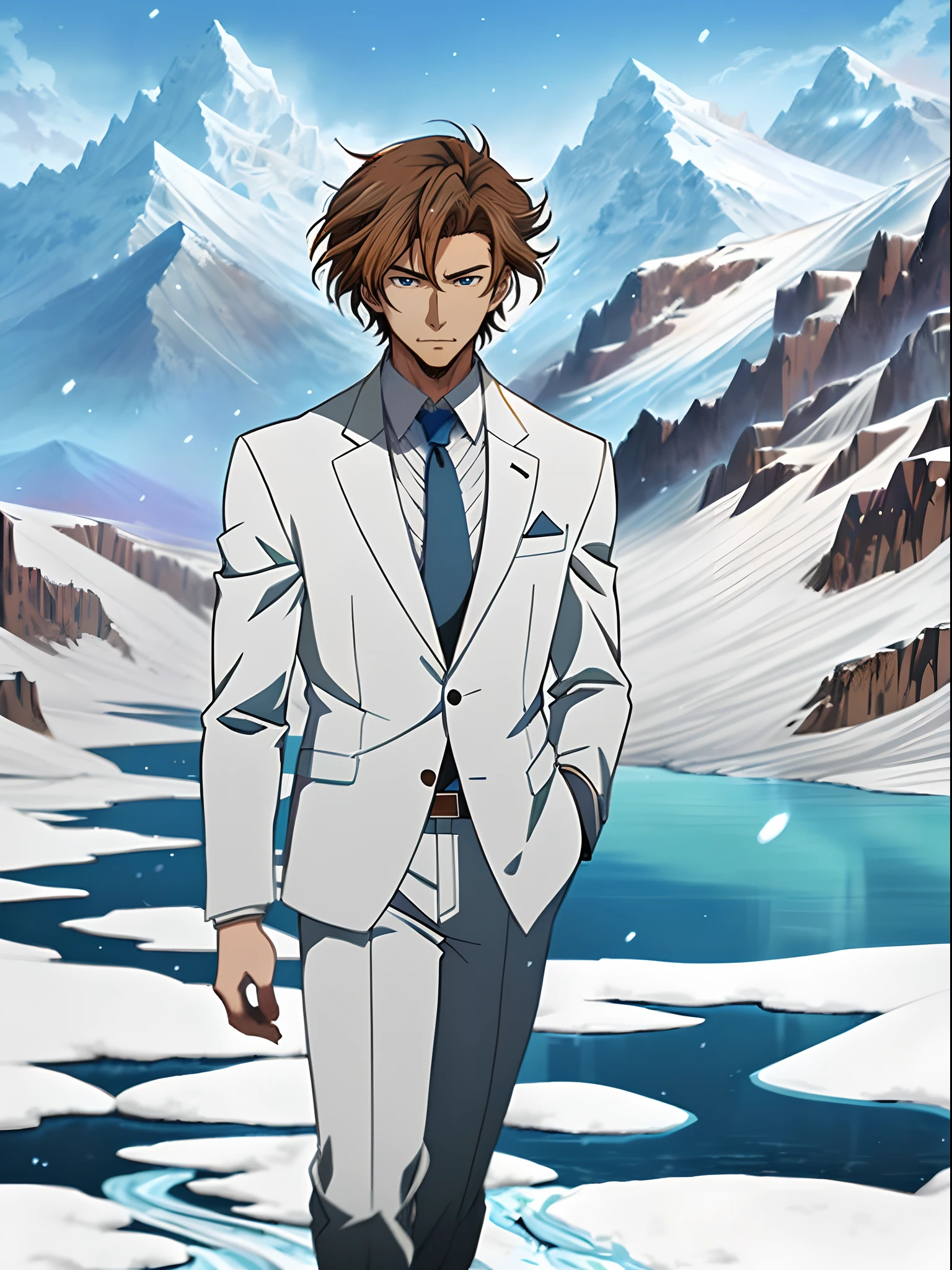 Anime image of a brown-haired man in a white suit and blue tie standing under a snowy mountain, by lake,Shinkai sincerely, New Xiangcheng, Honest, ryuta ueda artwork, offcial art, Anime handsome man,