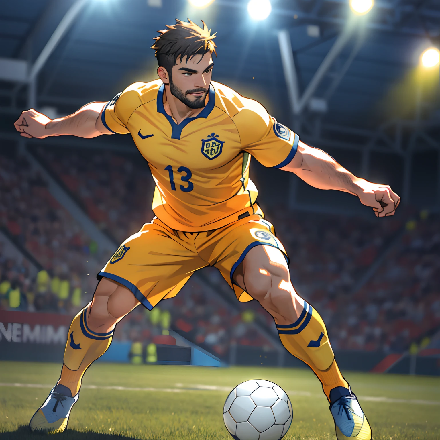 best quality, masterpiece, super high resolution, detailed background, realism, Illustrations, single, 1 boy, soccer field, muscles, volumetric lighting, depth of field, full body, facial hair, soccer player, yellow clothes