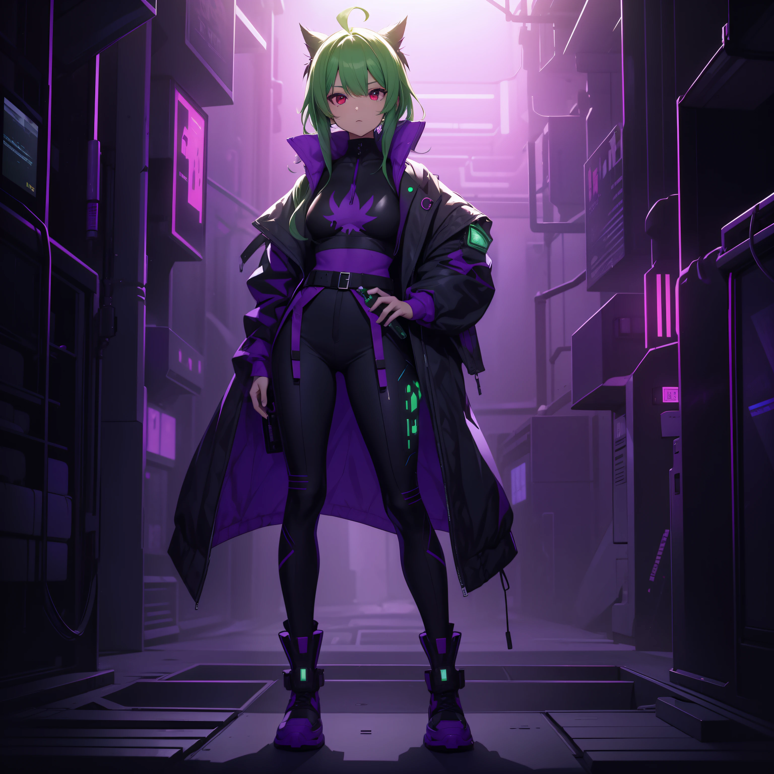 Full body depiction、(Standing in the desert)、Cyberpunk Girls、Green and purple attire、(Wearing pants)、(With belladonna properties)、The gift of death、Standing alone、The ultra -The high-definition、Guardian of plants、((holding an ampoule with poison,))、(Hair mixed with green and purple)、Put on a jacket with your shoulders out、red eyes