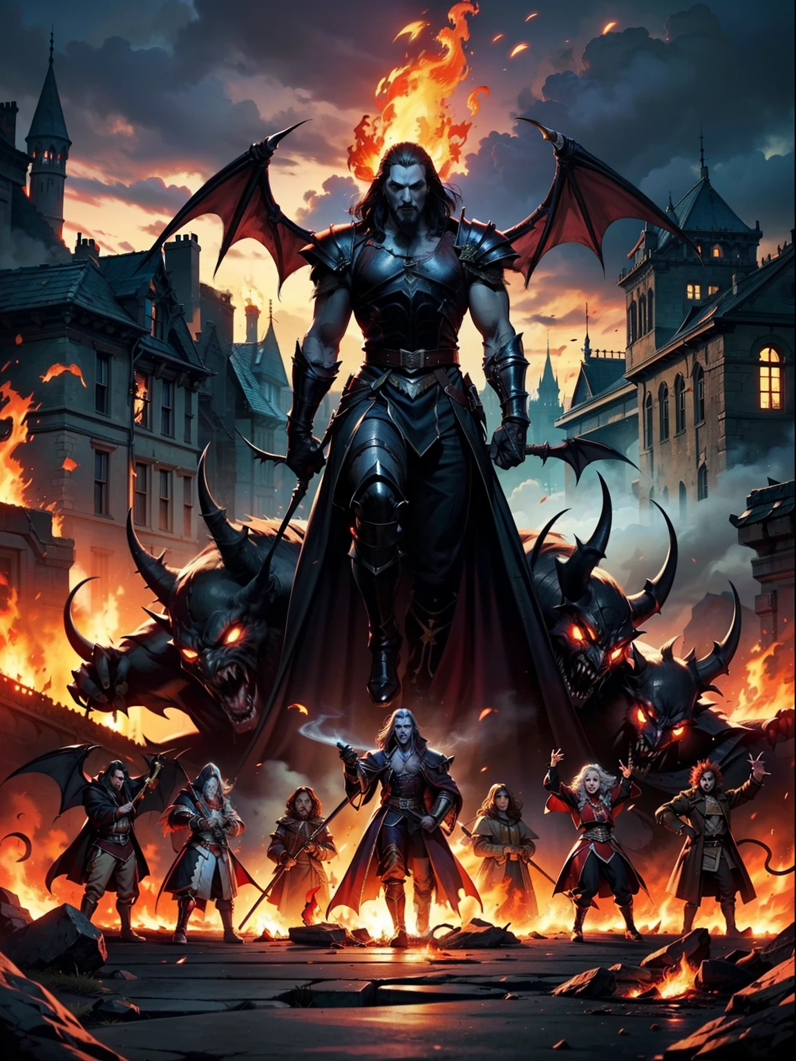 Castlevania Hyper Realistic Shadow Lord Super Detailed High Quality Masterpiece Lord Dracula leading an army of demons surrounding fiery fire hyper realistic