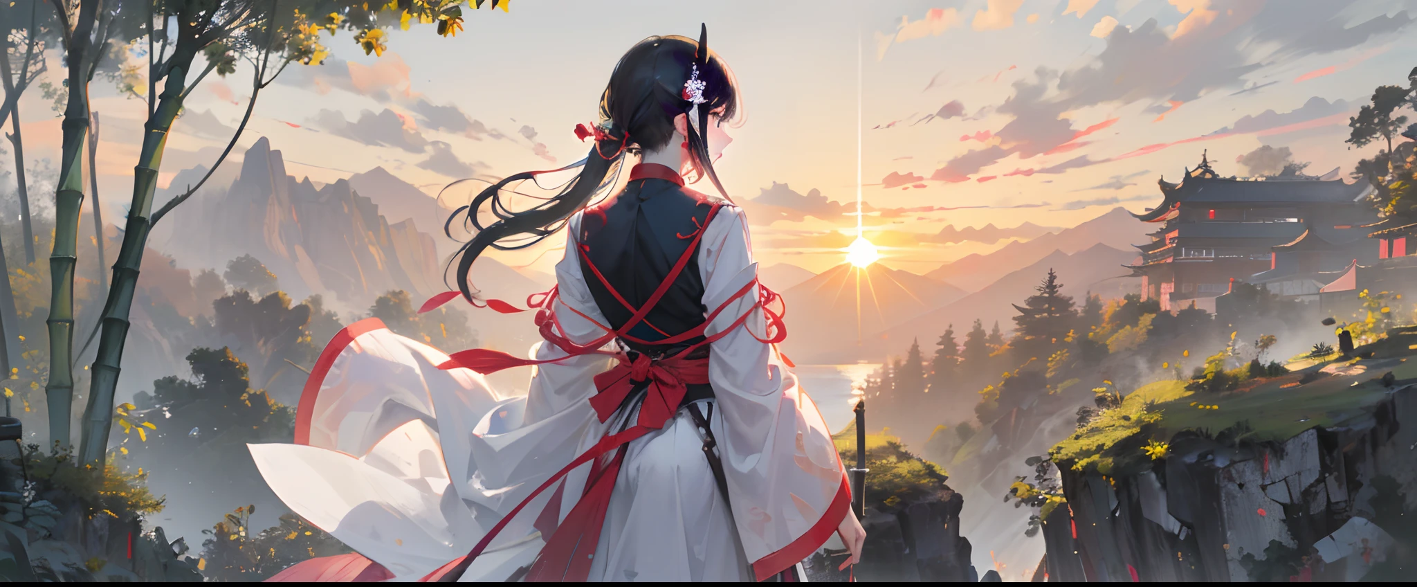 (bestquality), (masterpiece), (high-res), (Away from the camera), (Bokeh background), (Backlight), glossy, chinese style, (warrior), Sword in hand, (hairpin), outdoor, (Standing on a cliff), mountain, Bamboo Forest, ((sunset light))There are 2 men and a woman.