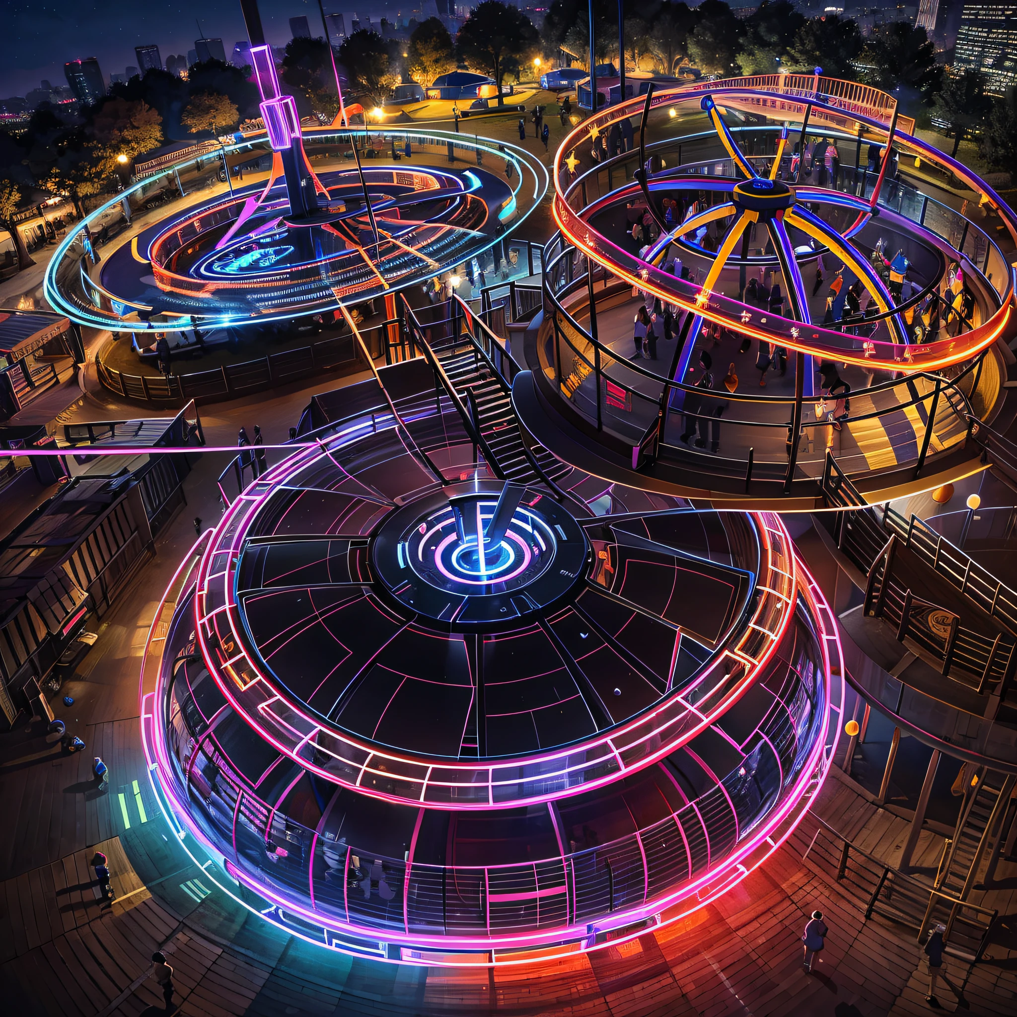 Spherical rotating playground equipment in the park，Dark at night，appearance々High-speed rotation with light，Glittering park，High Tension Park，psychedelic，perfect-composition，high-detail，Masterpiece，