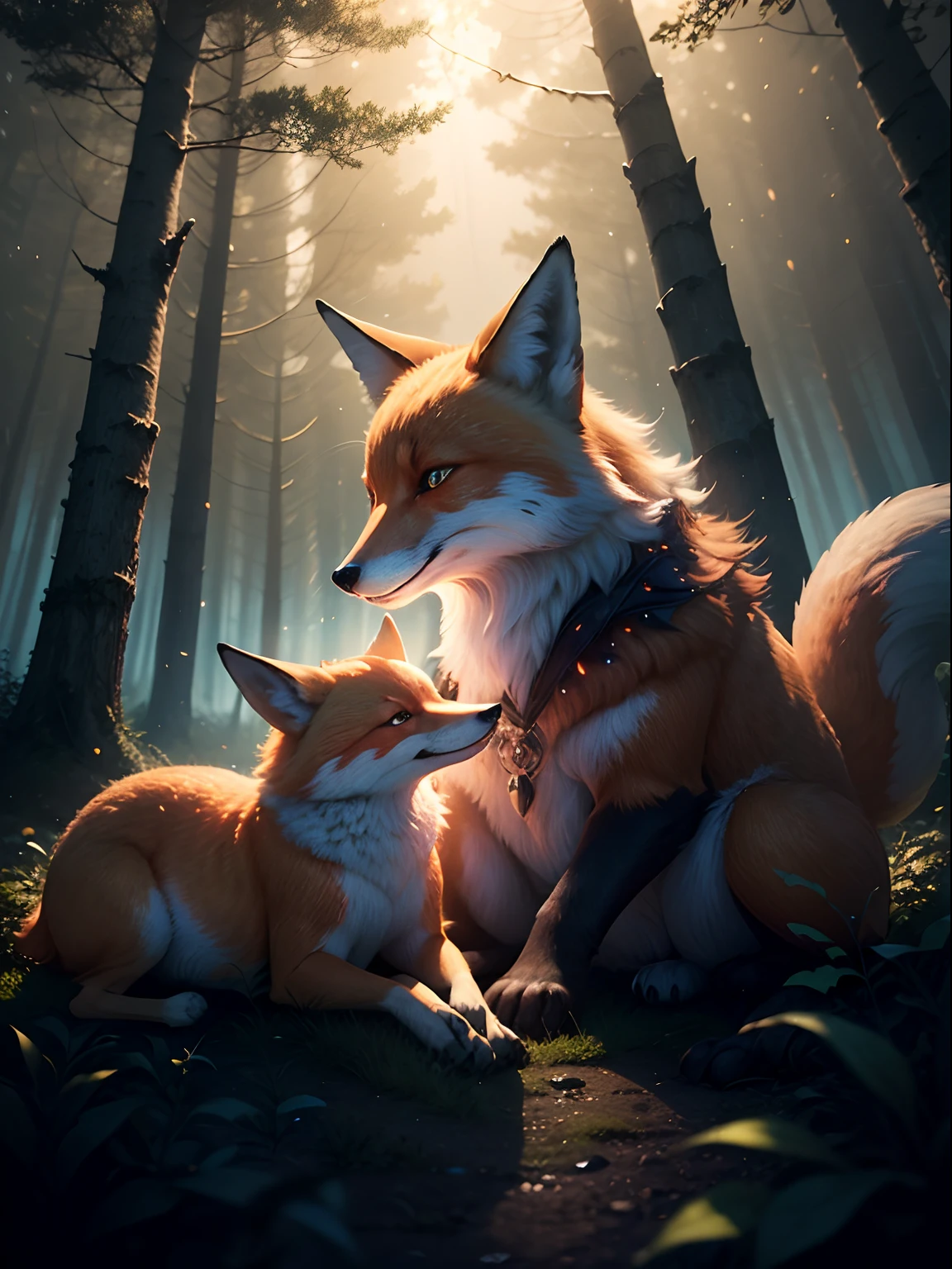 "Enchanting night scene with a mystical forest with a captivating glowing fox surrounded by mesmerizing light particles and an impressive light effect. Nenhum ser humano presente."