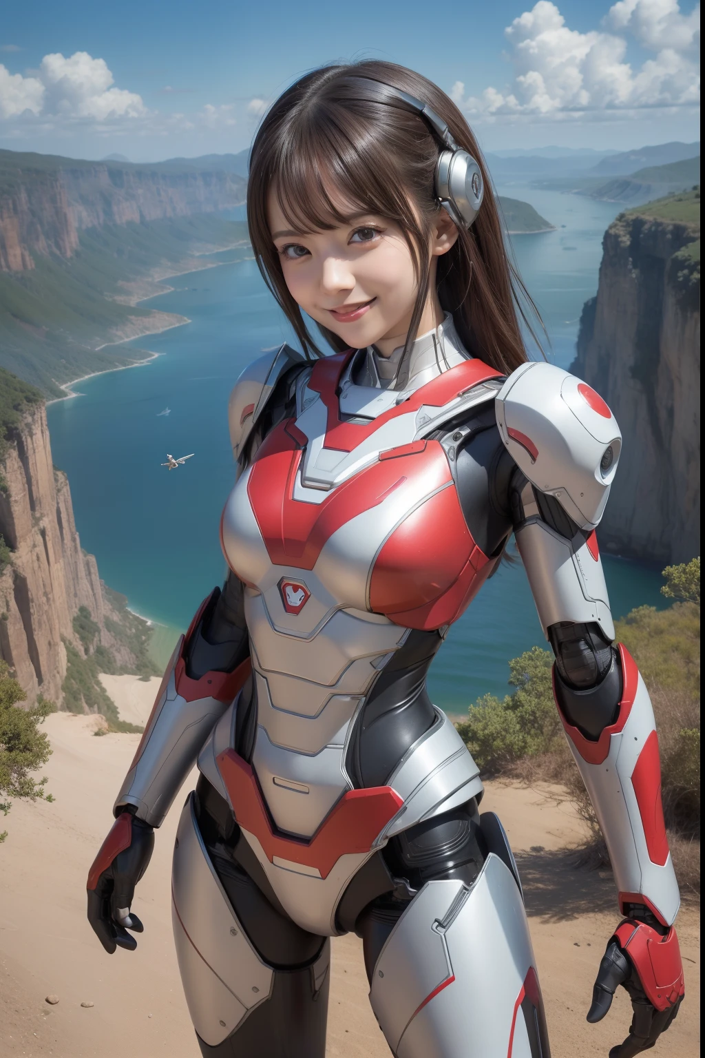Digital Painting, Digital Illustration, Fly in the sky with open hands、Landscape above the sky、Extreme Detail, Digital Art, 4K, Ultra Full 、Ulutra HD,analyzer、Supporting Female Robots、Cute smiling girl、Excellent brains、tiny chest、Slender figure、Red and white metal body、cheerful personality、