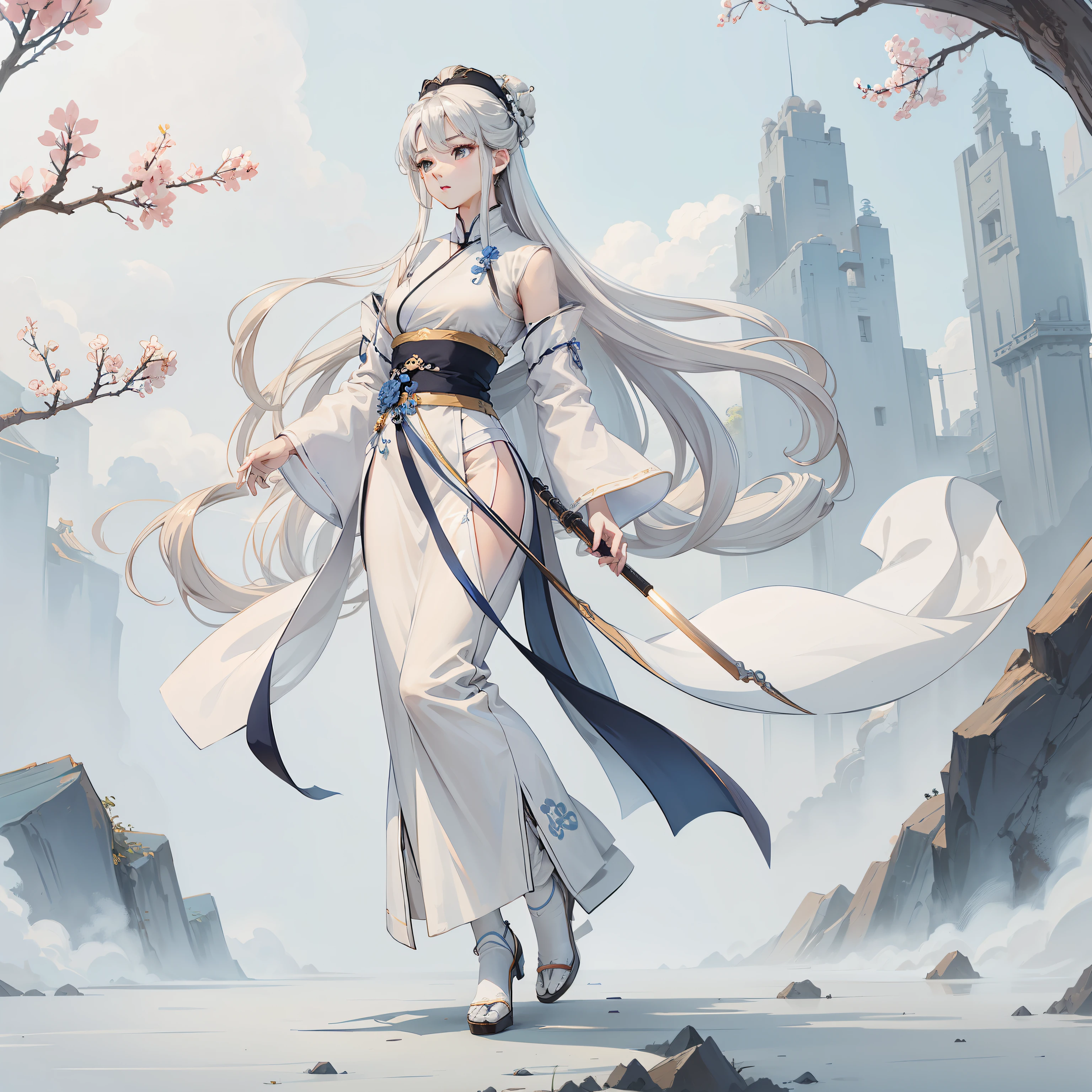 fanciful,tmasterpiece,best qualtiy,A high resolution,Realistis,perfect works,Hanfu girl,White color hair,Hanfu,Chinese Ancient Architecture,White clouds,blue-sky,Full body like,white stockings,high-heels