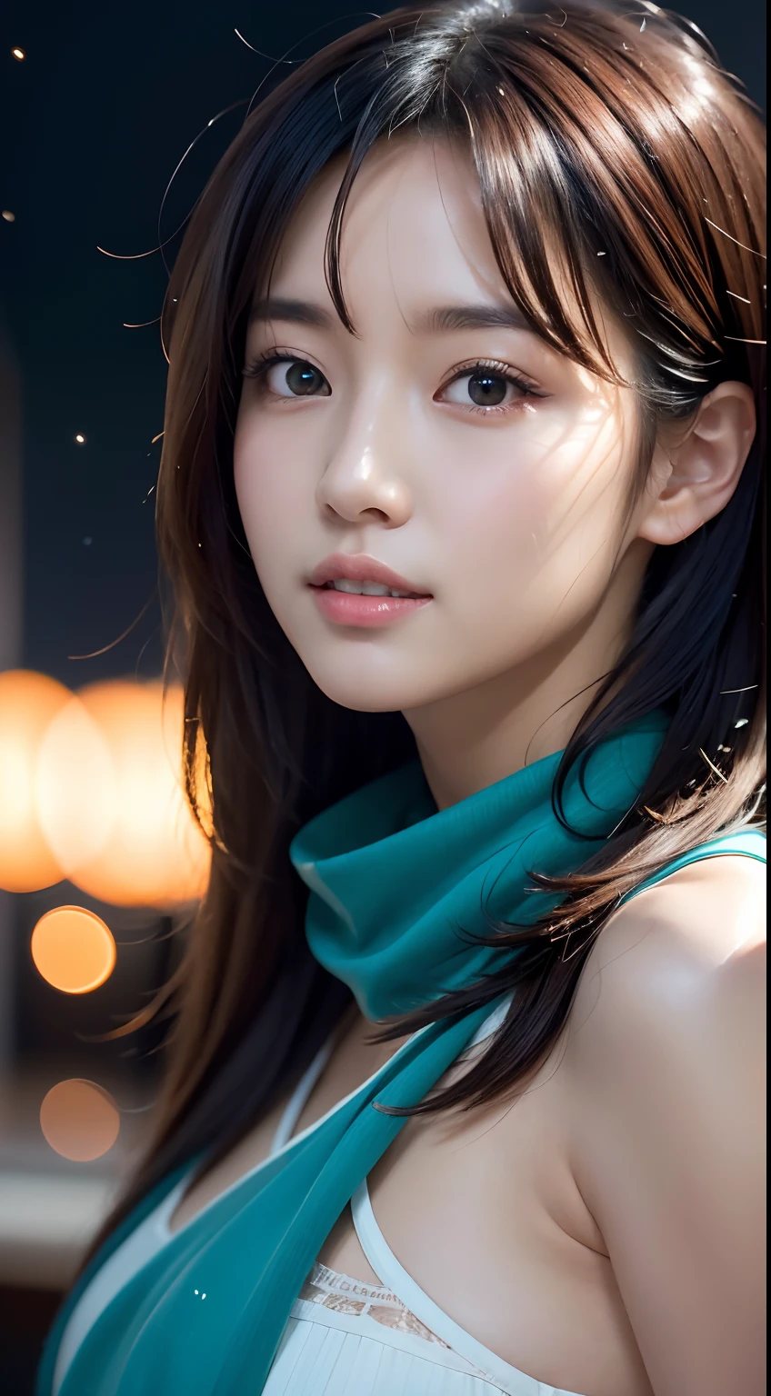 (RAW Photo, Best Quality), (Realistic, Photo Realistic: 1.3), Best Quality, Highly Detailed, Masterpiece, Ultra Detailed, Illustration, 1 Girl, upper_body, Dynamic Angle, World Mastery Theater, messy_long_hair, Best Quality, Extremely Detailed CG Unified 8k Wallpaper, Ink, Amazing, Movie Lights, lens_flare, dunhuang_style, Detailed Face, Beautiful Rendering of Tang Dynasty, (deliberate expression: 1.5), standing in a flower field, (looking up at the starry sky: 1.2), fireflies, floating scarves, Sony master shots, a woman posing for a picture in front of a tv, inspired by Fei Danxu, aesthetic!!!!!! female genie, brown hair and bangs, high definition screenshot, nicovideo, normal hands, vivic colors, full face shot of rimuru tempest, nice studio lighting, vhs screencap, beautiful fine - face, nami, ar