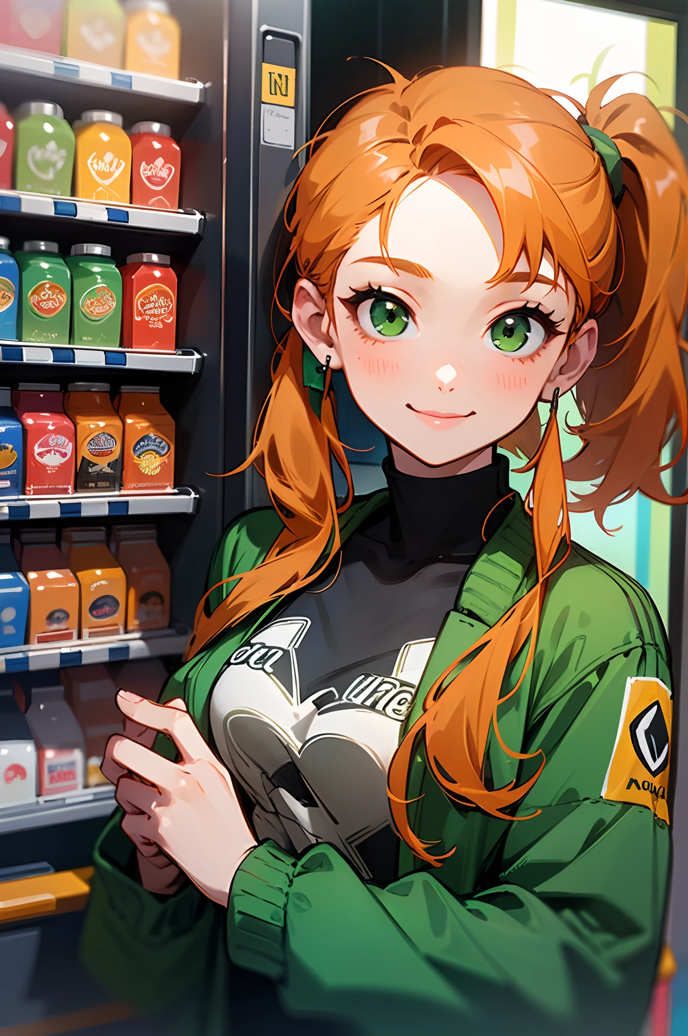 (best quality,ultra-detailed,realistic),girl,20 years old,orange hair,glistening green eyes,side ponytail,radiant smile,black turtle neck t-shirt,green jacket,standing in front of a vending machine