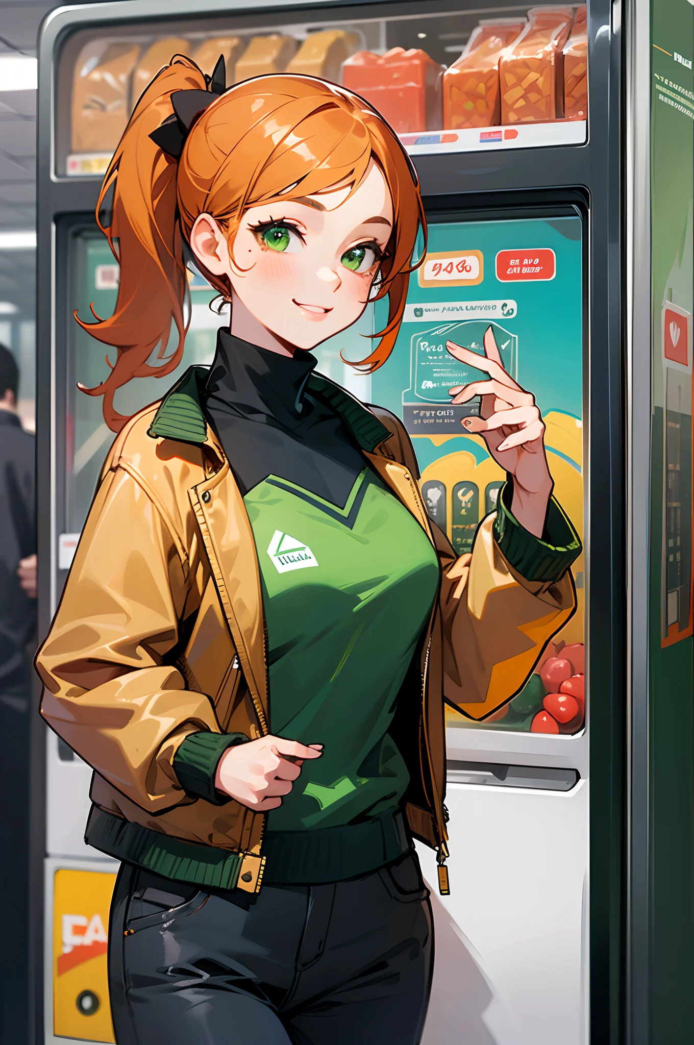 (best quality,ultra-detailed,realistic),girl,20 years old,orange hair,glistening green eyes,side ponytail,radiant smile,black turtle neck t-shirt,green jacket,standing in front of a vending machine