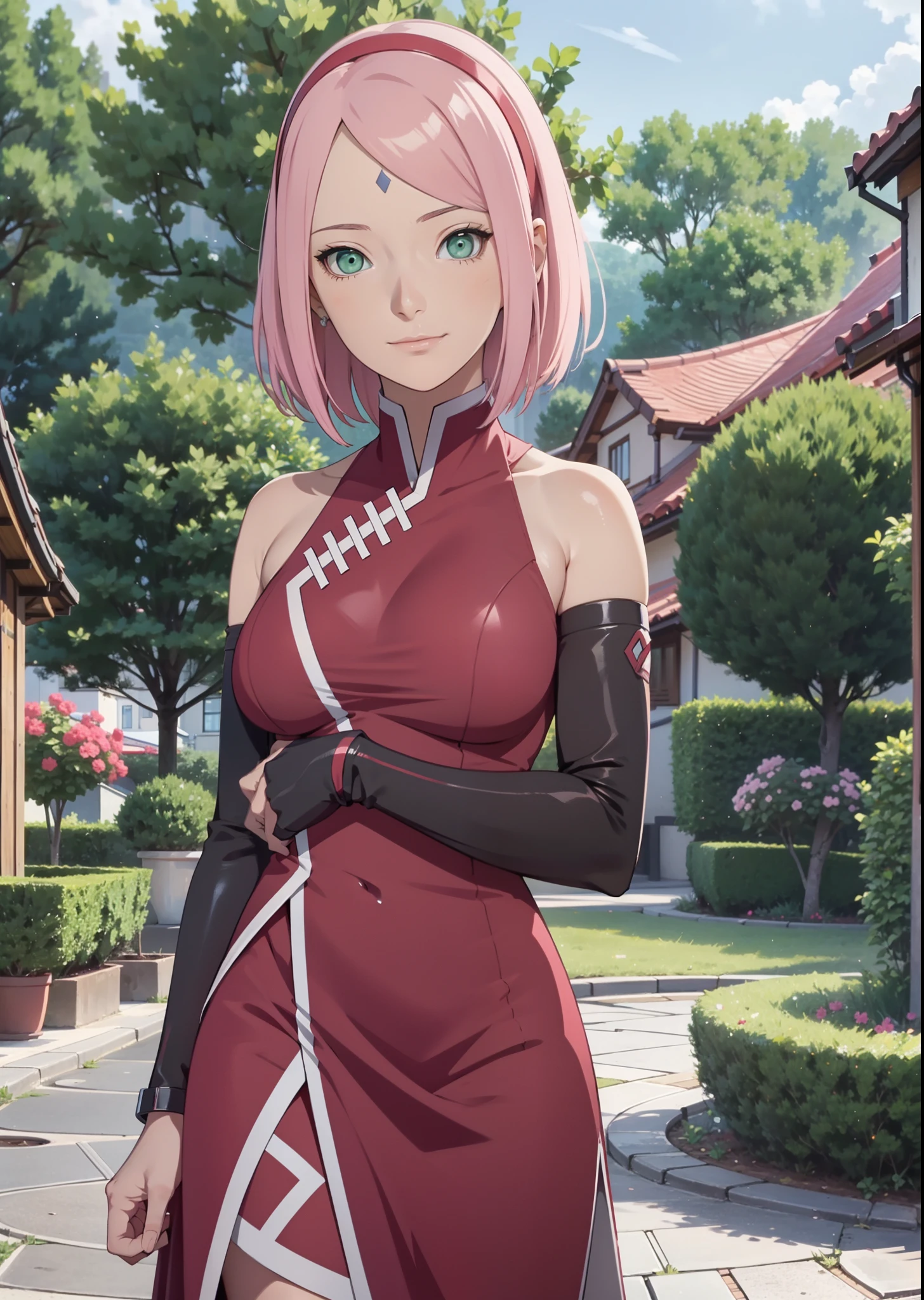 Sakura Haruno,女の子1人,kleine Brust,Perfect Body,schmale Taille,sexy body,hellrosa Haare,green eyes,symmetrisches Gesicht,Sharpness,scharfer Fokus,cute smile,Blick auf den Betrachter,Stillstand,aufrecht stehend,Beautiful garden in the background,dunkelblaue Raute auf der Stirn,,half body,half body portrait,Upper Body Only,,Nacktheit,Sex,komplett nackt,Show breasts,zeigen ,Sex