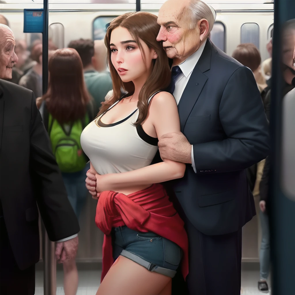 NSWF, realistic, masterpiece, VERY crowded subway train interior detailed scenario, VERY crowded subway train interior detailed background, standing insanely hot (woman 1) using sexy (big ass), (thick thigths), ( woman), (fear expression), blushed face, old small man ass groping woman 1 from behind,(((old small man pressing his chest on woman 1 back))) and (((holding her waist behind her)))