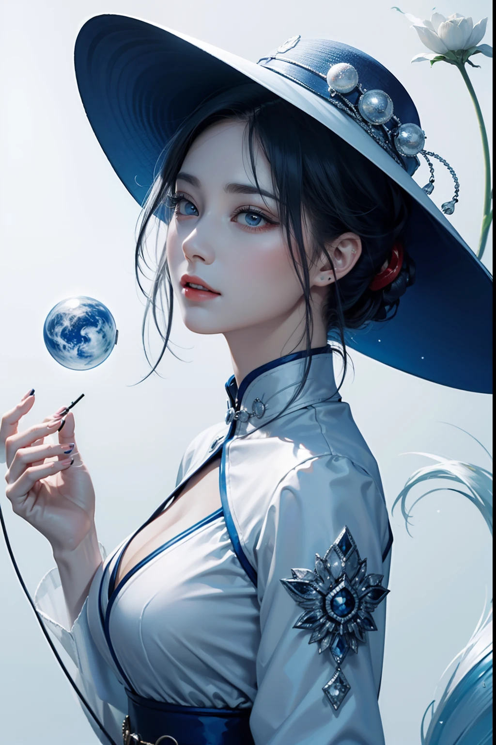 Gossip Diagram,Yin and Yang Eyes,taijitu,Woman,conservative clothing,Poor milk,(Wearing a big hat),Blue Crane,Wearing blue and red and white princess dresses,upper body close - up,Close-up photos,jewely,Vision of Heaven and Earth,Diamond,carp,The background is the Milky Way,solar system