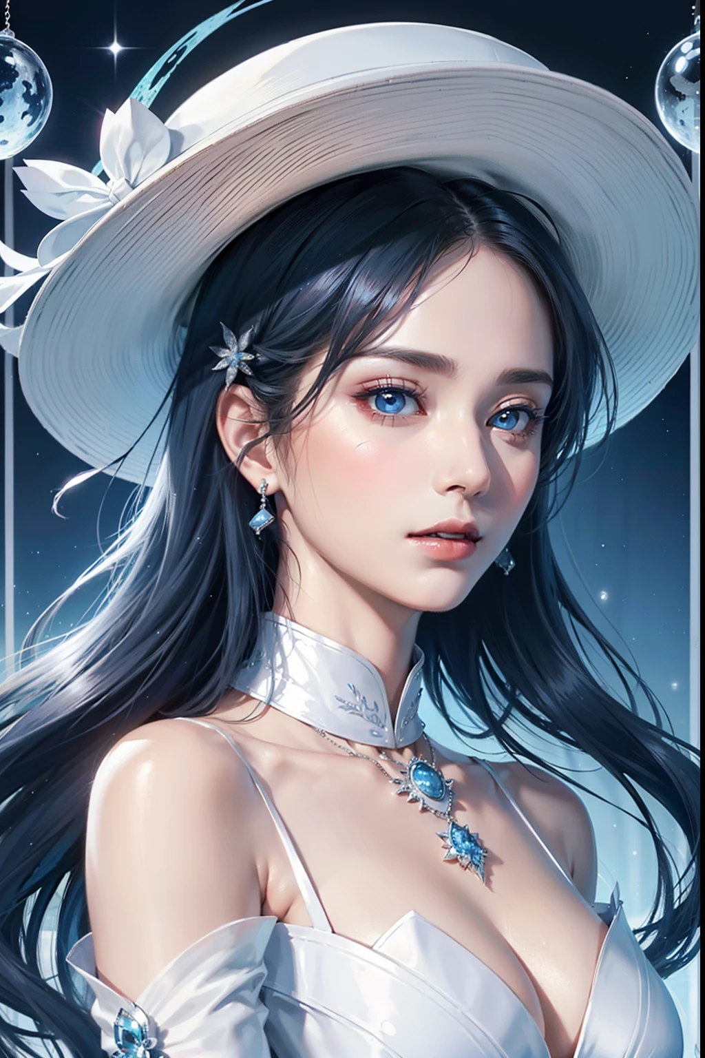 Gossip Diagram,Yin and Yang Eyes,taijitu,Woman,conservative clothing,Poor milk,(Wearing a big hat),Blue Crane,Wearing blue and red and white princess dresses,upper body close - up,Close-up photos,jewely,Vision of Heaven and Earth,Diamond,carp,The background is the Milky Way,solar system