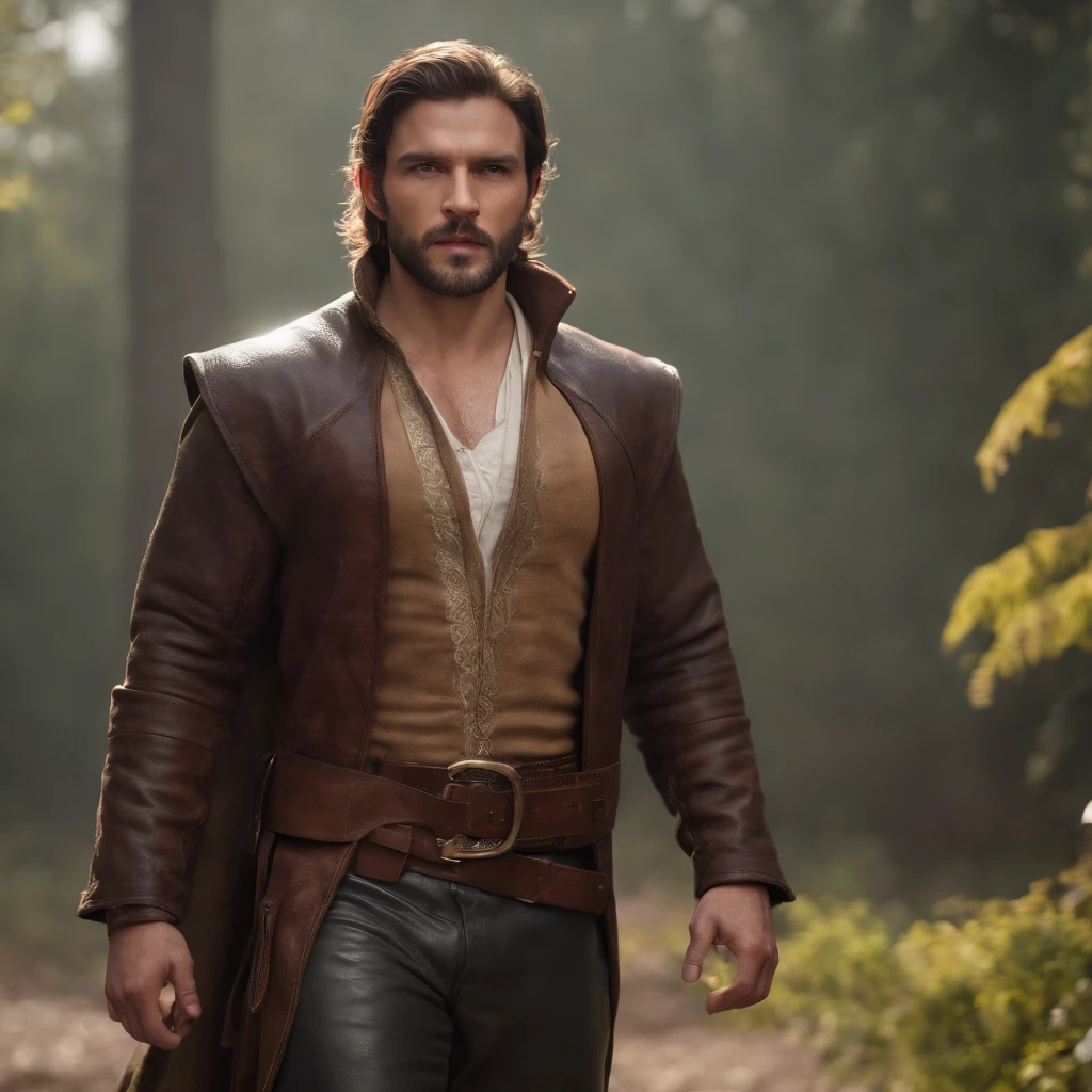 (Professional 3D Rendering:1.3), (Realistic:1.3), Smooth Features, Bright Male, Sexy Brazilian Man, ((Epic Fantasy Rough Standard Man, Short Beard and Fierce Expression in Dynamic Pose, Fantastic Location, Majestic Environment)), 8k , action shot, very dark lighting, (vibrant, photorealistic, dramatic, (Old leather clothes damaged by bad weather:1.4), (intricate:1.4), octane rendering, Art Seasons, (Loish:0.23) ) , (global illumination, studio light, volumetric level), floating particles,
