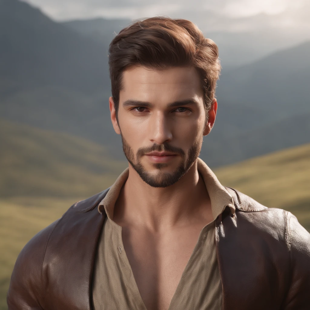 (Professional 3D Rendering:1.3), (Realistic:1.3), Smooth Features, Bright Male, Sexy Brazilian Man, ((Epic Fantasy Rough Standard Man, Short Beard and Fierce Expression in Dynamic Pose, Fantastic Location, Majestic Environment)), 8k , action shot, very dark lighting, (vibrant, photorealistic, dramatic, (Old leather clothes damaged by bad weather:1.4), (intricate:1.4), octane rendering, Art Seasons, (Loish:0.23) ) , (global illumination, studio light, volumetric level), floating particles,