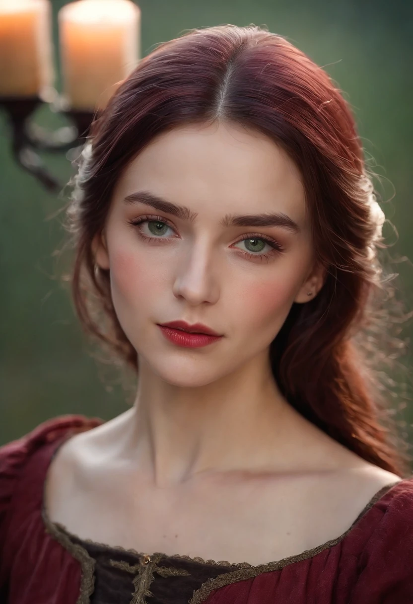 (((A deep red wound streaked across her left cheek))) Fair complexion, A woman around 19 years old, Natural gray hair, Unique green eyes, Wear Cole, Slender and graceful, Beautiful, Candlelight in a medieval setting, super sharp focus, realistic lens, Medieval women's clothing, Four colors (Scar:1.4)