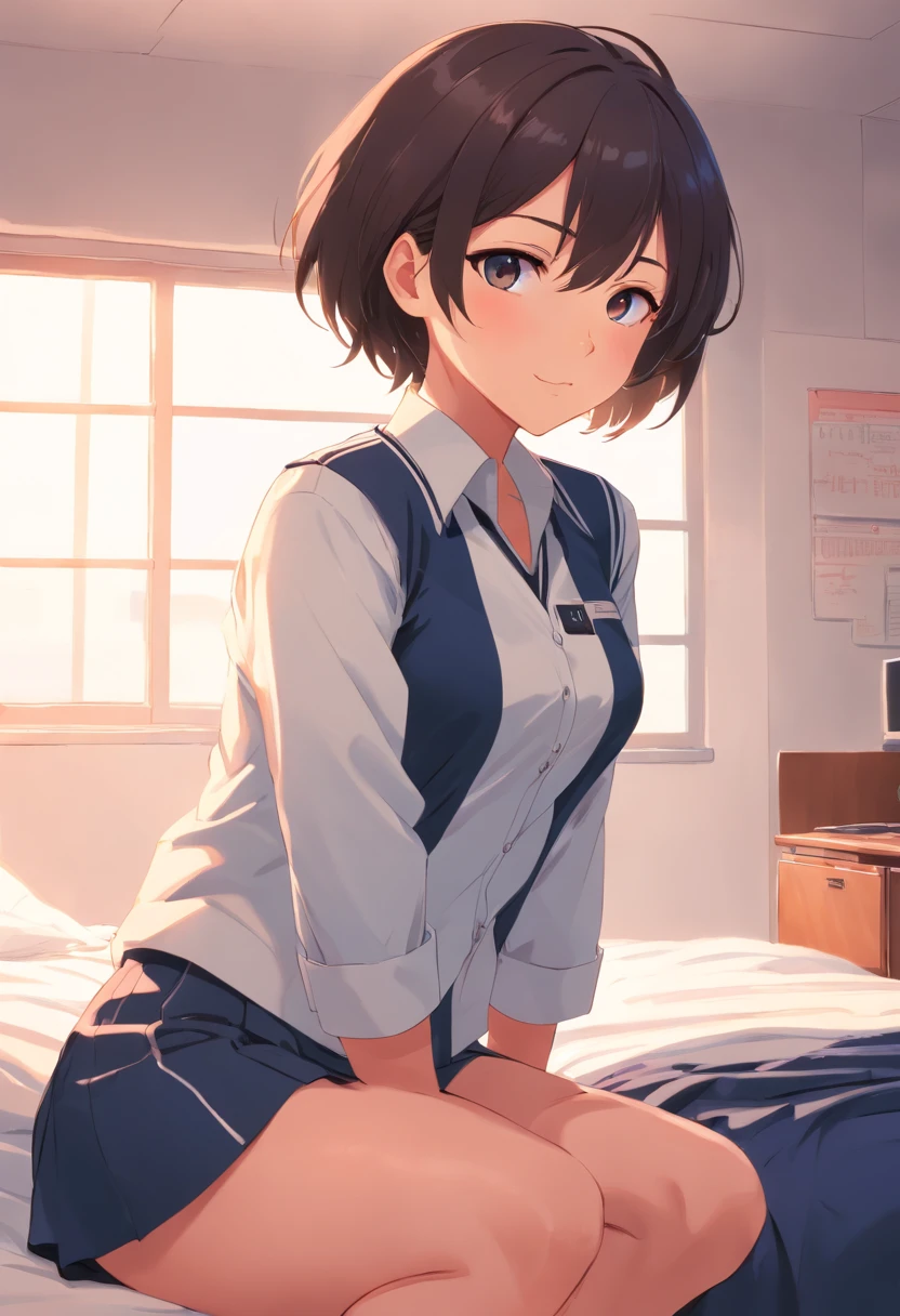 Ribbon on head Short Bob Black Hair uniform Embarrassing Push it down on the bed Lower body naked I can see the manslage