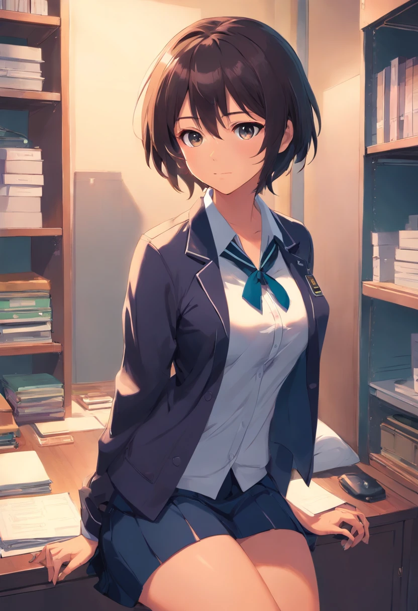 (best quality,8k,highres,masterpiece:1.2),ultra-detailed,uniform,black stockings,erect breasts,big butt,violet short hair,hazel eyes,anime,school uniform,thigh-high socks,short skirt,bustier,confident pose,solid background,soft lighting,shadows,colored highlights