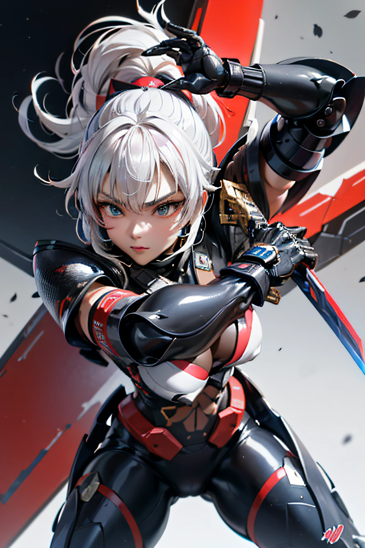 best quality, perfect face, woman in a futuristic suit posing for a picture, female ninja, cyber japan style armor, cg artist, beautiful female, Kunoichi, game, honkai impact, cool action pose, super robot, frame arms girl, draw swords, white hair
