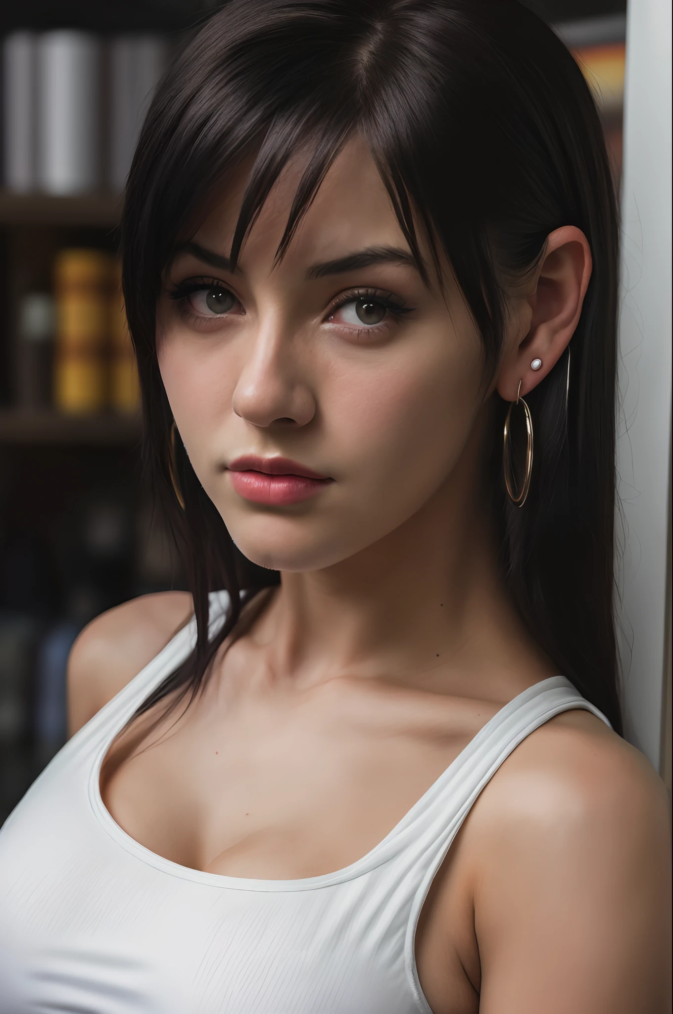 (close-up, editorial photograph of a 21 year old woman), (highly detailed face:1.4) (smile:0.7) (background inside dark, moody, private study:1.3) POV, by lee jeffries, nikon d850, film stock photograph ,4 kodak portra 400 ,camera f1.6 lens ,rich colors ,hyper realistic ,lifelike texture, dramatic lighting , cinestill 800, cosplaying as tifa lockhart, dark eyes, long black hair, hair bangs, (white tank top:1.3), suspenders, earrings