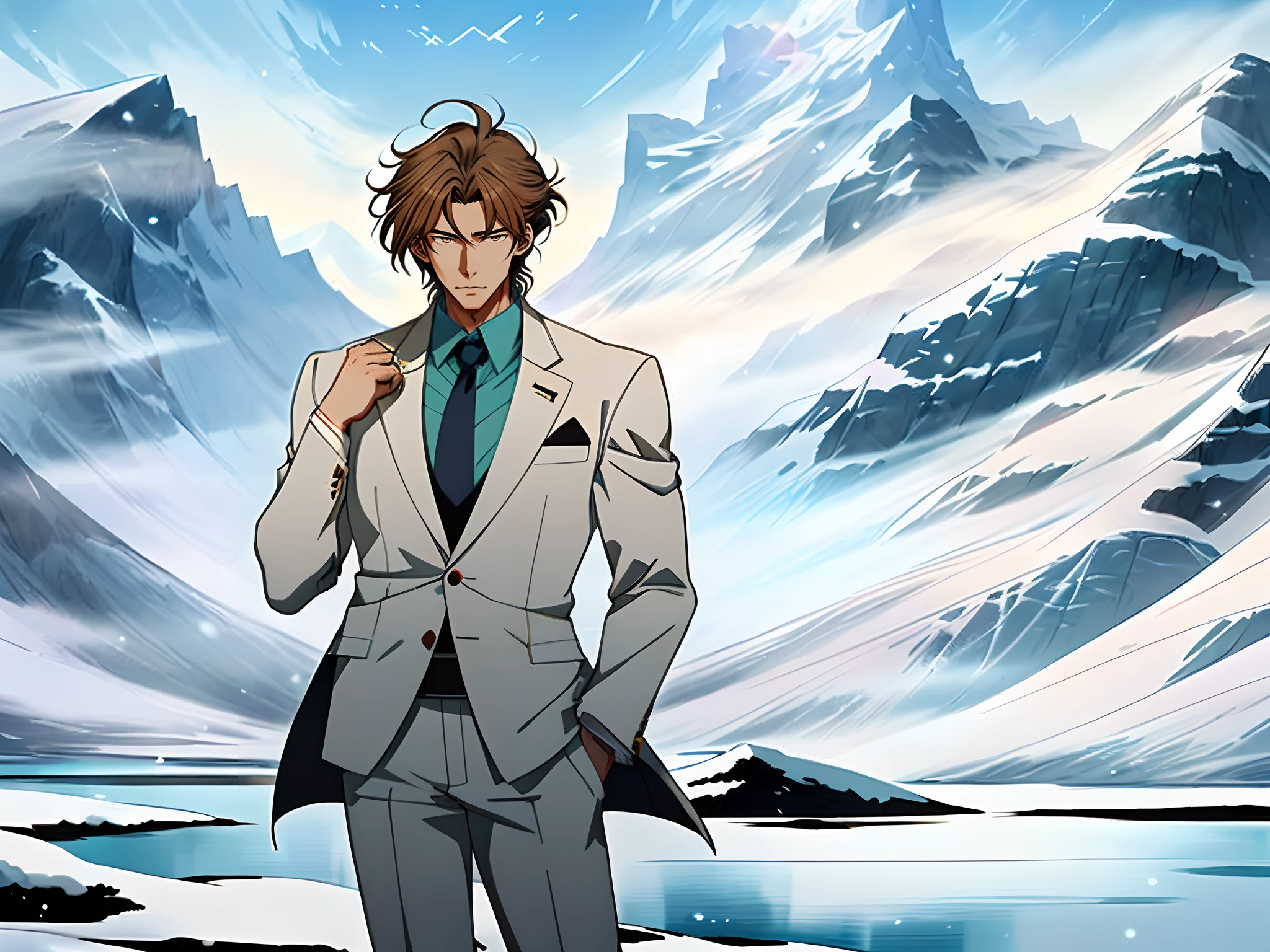 Anime image of a brown-haired man in a white suit and blue tie standing under a snowy mountain, by lake,Shinkai sincerely, New Xiangcheng, Honest, ryuta ueda artwork, offcial art, Anime handsome man,