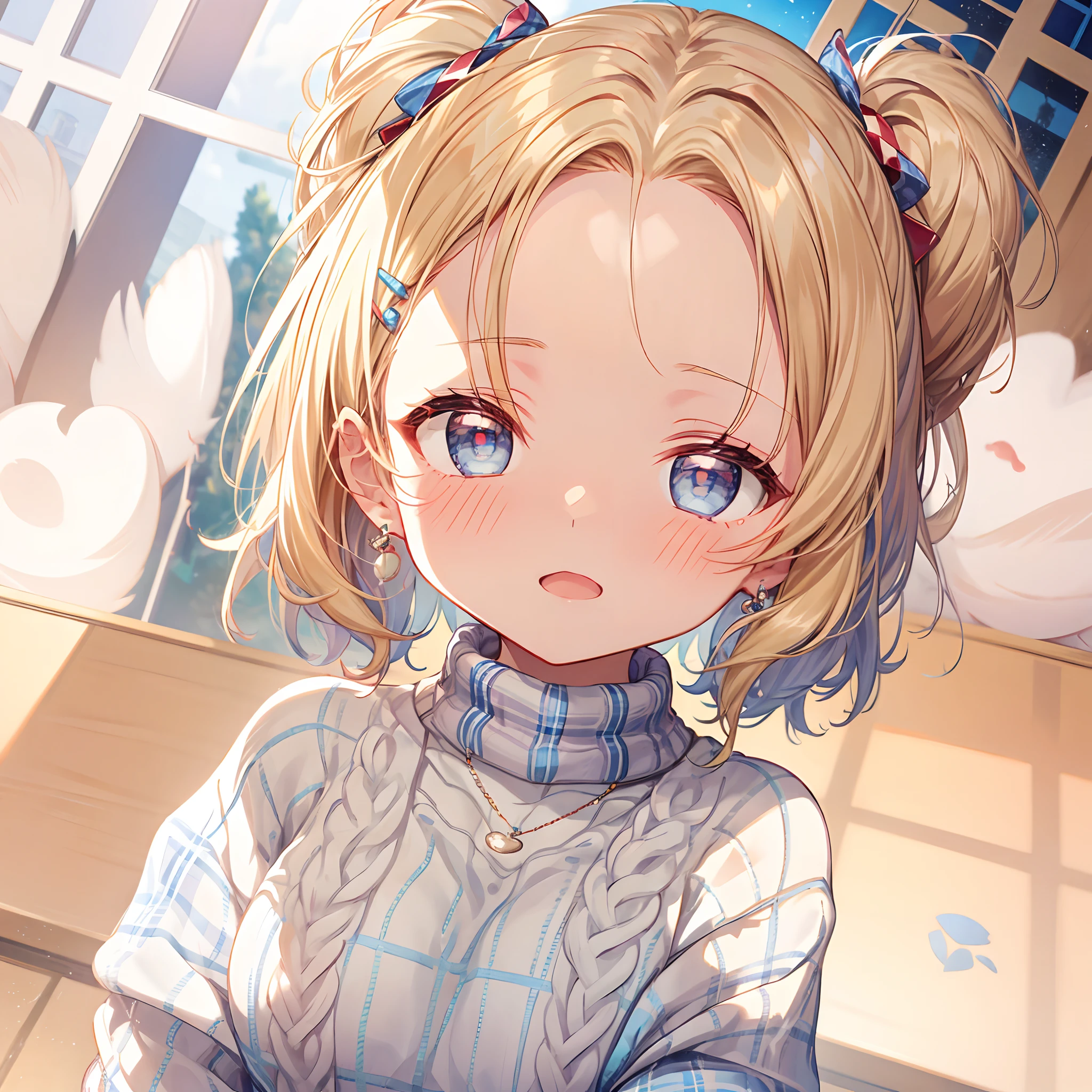 absurderes, ultra-detailliert,bright colour, extremely beautiful detailed anime face and eyes, view straight on, (Chibi:1.6), Short hair, (Forehead:1.3), Blonde hair with short twin tails, Shiny hair, Open mouth,(Close one eye),Delicate beautiful face, red blush、(cyan eyes:1.1), White skin, hair clips, earrings, a necklace, (Blue Plaid Sweater Dress:1.5), Beautiful cloud, Dusk sky,Full body