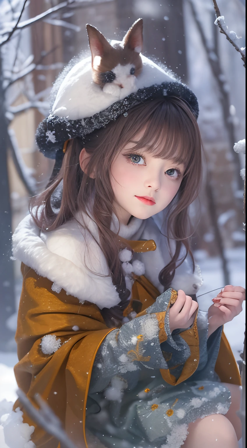 ((Works of masters)),(超高分辨率),1 girl, Sitting, Lolita costume,Cloak (Snow, Outdoor activities in winter:1.2),Outside the castle,8K,Detailed details,mirth,