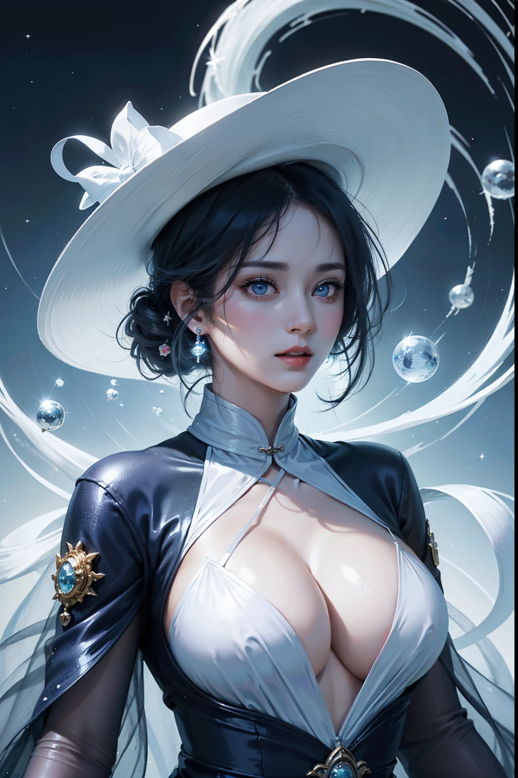Gossip Diagram,Yin and Yang Eyes,taijitu,Woman,conservative clothing,Poor milk,(Wearing a big hat),Blue Crane,Wearing blue and red and white princess dresses,upper body close - up,Close-up photos,jewely,Vision of Heaven and Earth,Diamond,carp,The background is the Milky Way,solar system