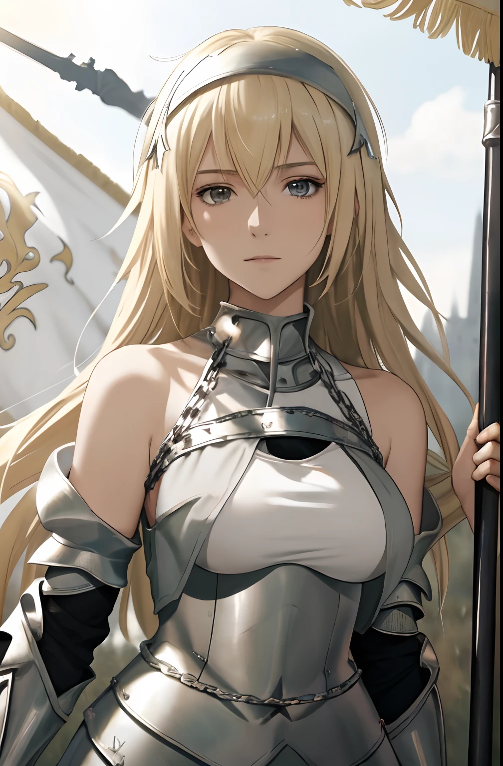 best quality, masterpiece,highly detailed,anime,1girl, adult face, mature face, mature female, mature woman, mature beauty, adult blonde, mature blonde,upper body,(jeanne d'arc),medium breasts,perfect face,blond hair,long hair,(white clothes),(bare shoulder),armored dress,no armor on breasts,breasts covered by white clothes from above,chain,headwear,flag,battlefield in background,depth of field,looking at viewer,cinematic lighting,