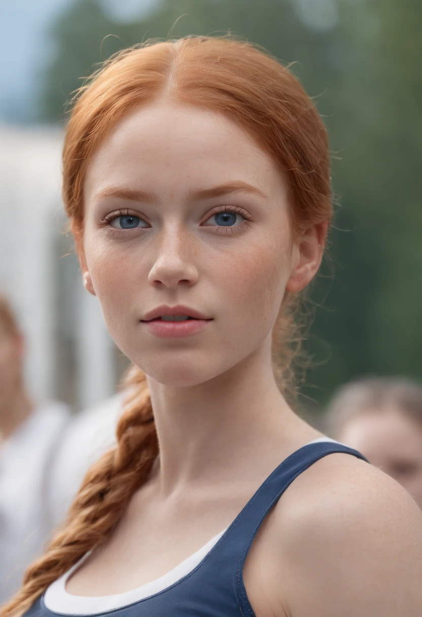 ultra realism, photorealism, realism, best quality, high detail, (detailed face), detailed eyes,((best quality, masterpiece)), ((2 caramel skinned (ginger) (African mixed girl))), with (frost white hair) and (deep blue eyes) and (freckles) in school uniform, (arms at side:1.2), groin,big hip bones, ponytail, black hair, (((underboob))), standing, outdoors, facing side ways