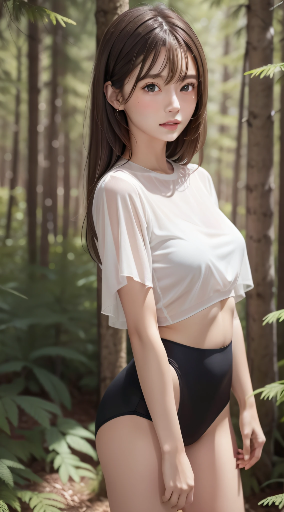 1womanl, up of face, mideum breasts, light brown hair, Blunt bangs, hair behind ear, hair over shoulder, Long hair, slender body shape, Ultra Fine Face, Thin face, Delicate lips, Beautiful eyes, thin blush, eyes are light brown, perfect glossy skin, flawless skin, Glistening sweat,View here, Ultra-thin hands, Ultra-fine fingers, best ratio four finger and one thumb, (realisitic:1.3), Finger Extensions, See-through white blouse. coniferous forest, One-person viewpoint, Fuji Film, F/1.2, 8K, masutepiece, nffsw, Super Detail, High quality, Best Quality, hight resolution,abdominals,six packs,VirtualGirl-Rin