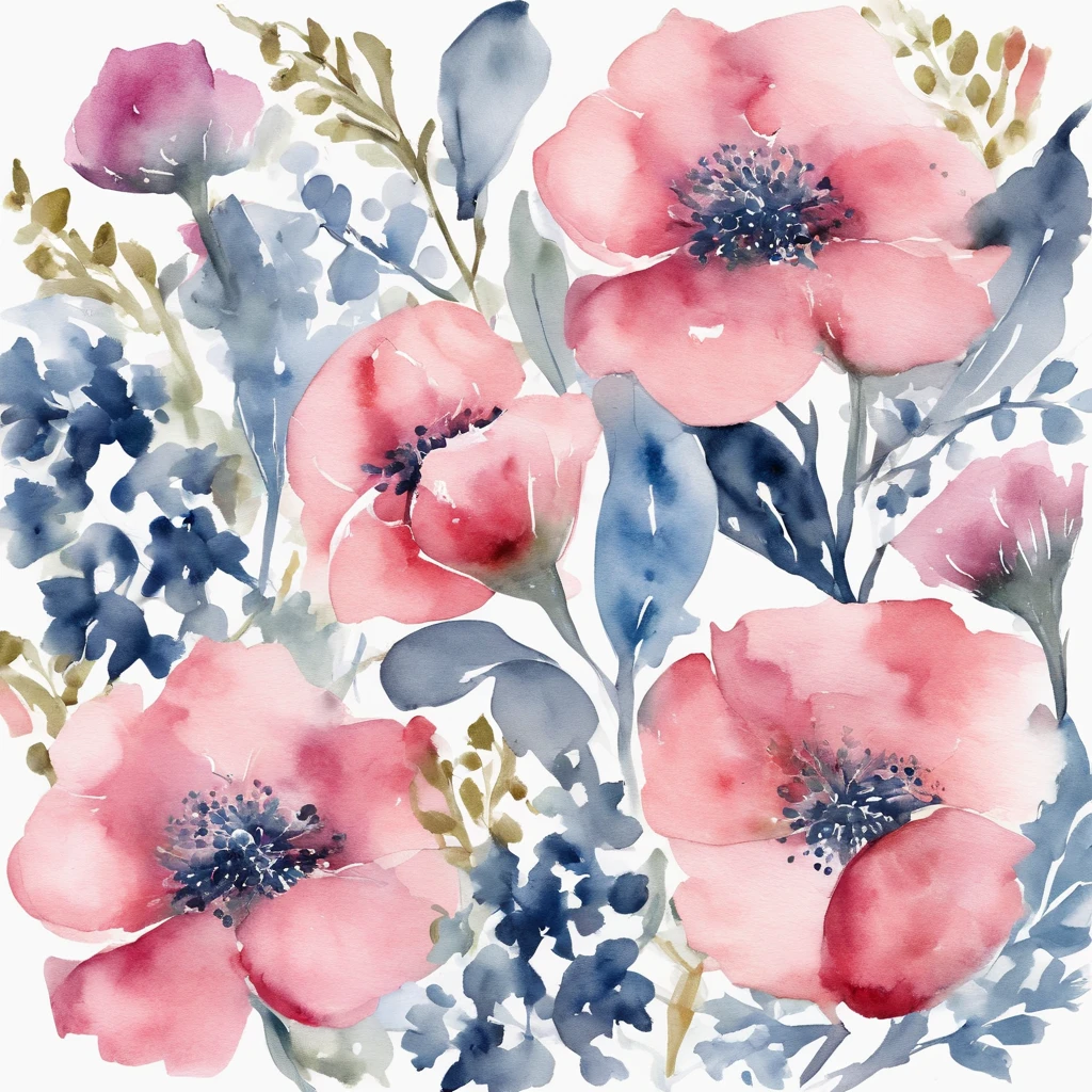aquarelle, Small flowers, Blue and pink， Beautiful, 1:1, the watercolor style, Flower and leaf motifs, Wet and wet technology, mute, Indigo, Fabric design, Flat illustration, highly detailed cleaning, Vector image, Masterpiece, professional, isometry, Bright vector, Black background, Dry brush, Brush Strokes, Painted on canvas, by J.m.Show on the. Turner. Expressive markers.