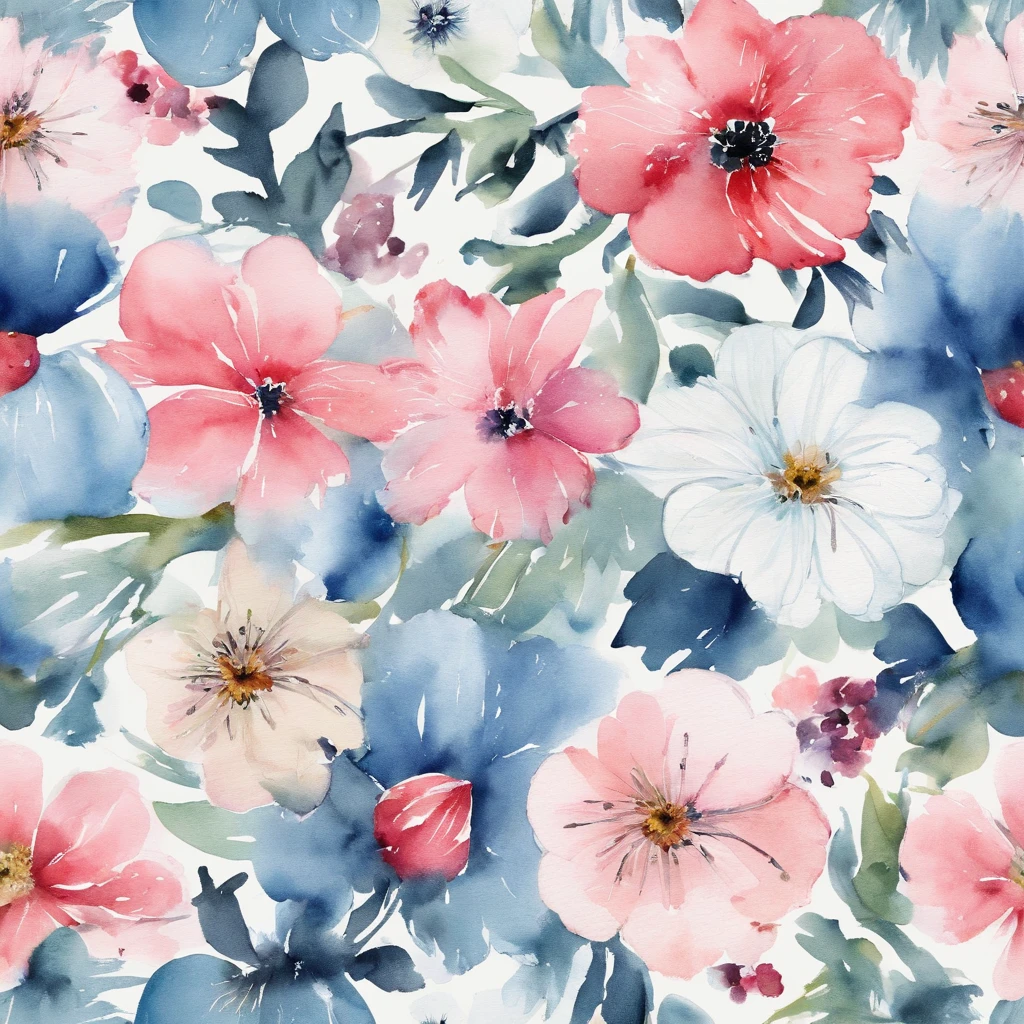 aquarelle, Small flowers, Blue and pink, Beautiful, 1:1, the watercolor style, Flower and leaf motifs, Wet and wet technology, mute, Indigo, Fabric design, Flat illustration, highly detailed cleaning, Vector image, Masterpiece, professional, isometry, Bright vector, Black background, Dry brush, Brush Strokes, Painted on canvas, by J.m.Show on the. Turner. Expressive markers.