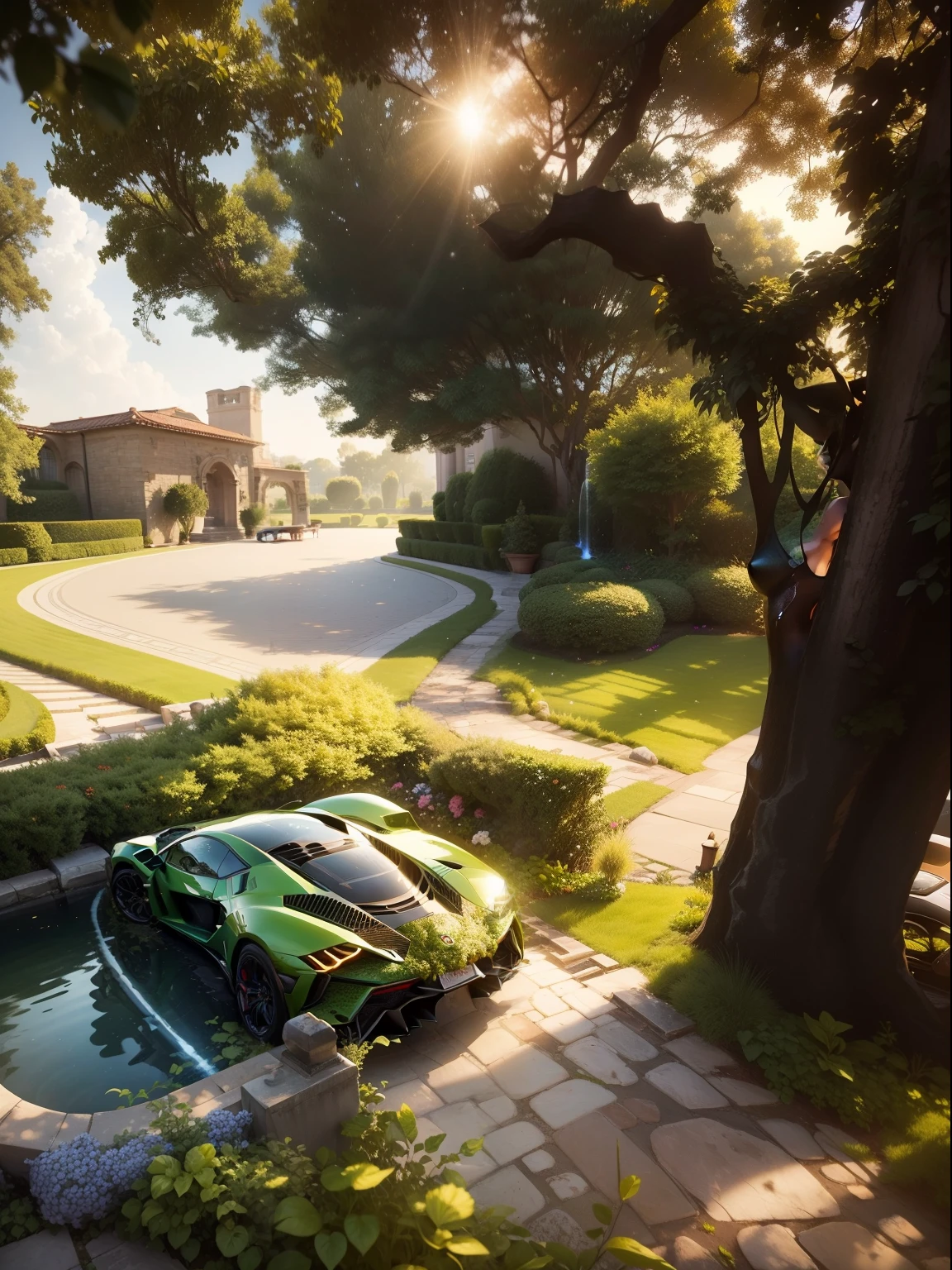 2 Lamborghini cars with 2 hot, sexy models, featuring beautiful detailed eyes and lips, elegant appearance, and confident poses, in a vibrant garden. The cars shine under the bright sunlight, showcasing their glossy exteriors and sleek design. The models, wearing stylish and revealing outfits, exude glamour and allure. The luxurious garden is filled with colorful flowers, tall green trees, and a sparkling fountain in the background. The scene is captured in ultra-high resolution, with vivid colors, sharp focus, and professional lighting. The artwork has a photorealistic style that highlights the stunning beauty of the models and the elegance of the Lamborghini cars. The colors are rich and vibrant, adding a sense of energy and excitement to the scene. The lighting is perfectly balanced, creating a captivating atmosphere and enhancing the overall visual appeal.