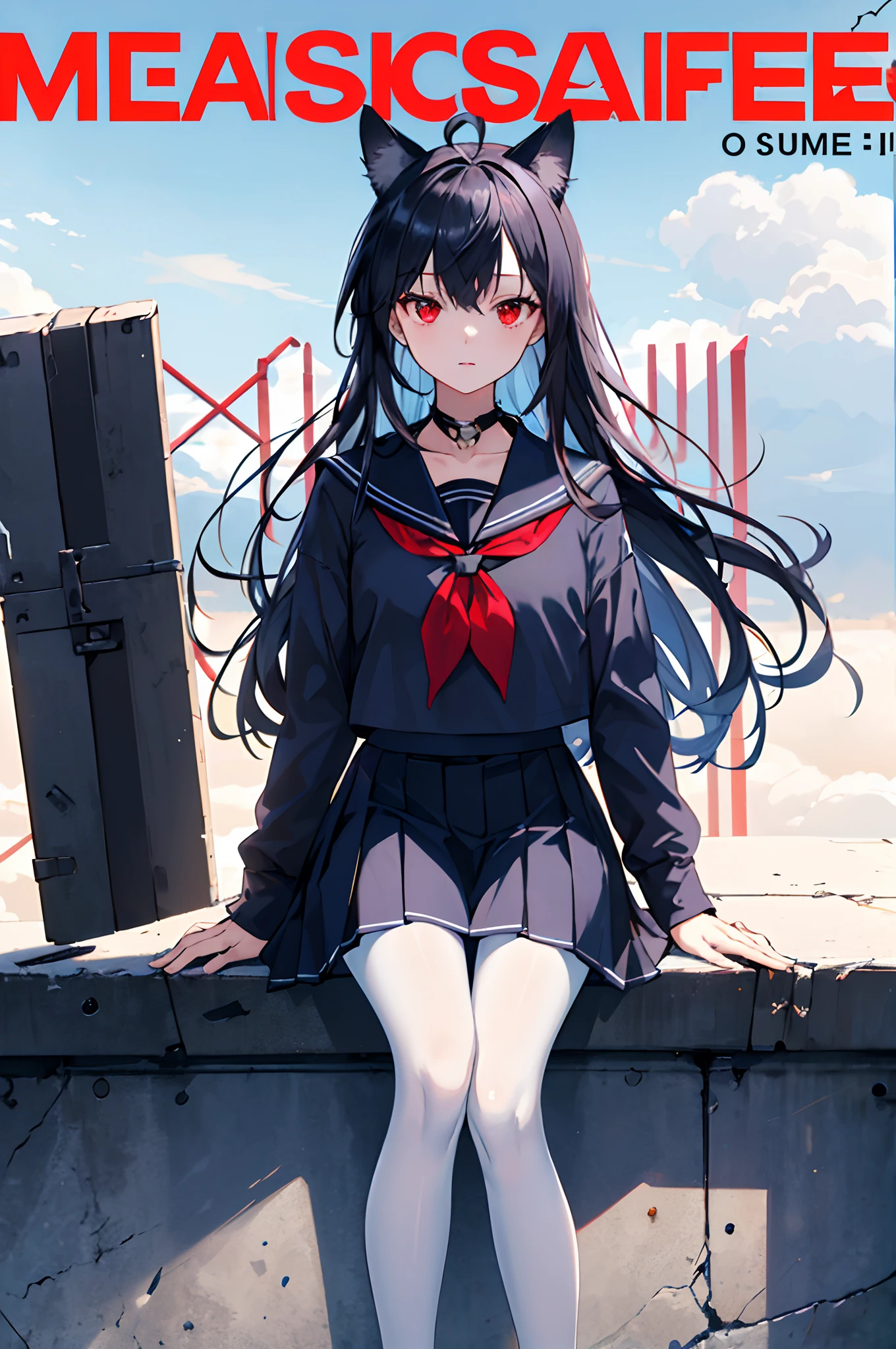 ((masterpiece, top quality)), girl, solo, skirt, sky, sitting, pantyhose, seraphuk, clouds, black gloves, outdoor, neckerchief, sun, bangs, fence, shirt, ahoge, rooftop, long hair, white pantyhose, black hair, uniform, white sailor collar, red eyes, sailor color, blue skirt, red neckerchief, blue seraphk, animal ears, blue sky, long sleeves, blue shirt, watch viewerClosed, cat ears, wire mesh fence, pleated skirt, cloudy sky, trash (Magazine: 1.3), (Cover style: 1.3), fashionable, women, vibrant, costume, posing, front, colorful, dynamic, background, element, confident, expression, holding, statement, accessory, majestic, coiled, around, touch, scene, text, cover, bold, attention, title, stylish, font, catchy, headline, big, impressive, modern, trendy, focus, fashion,