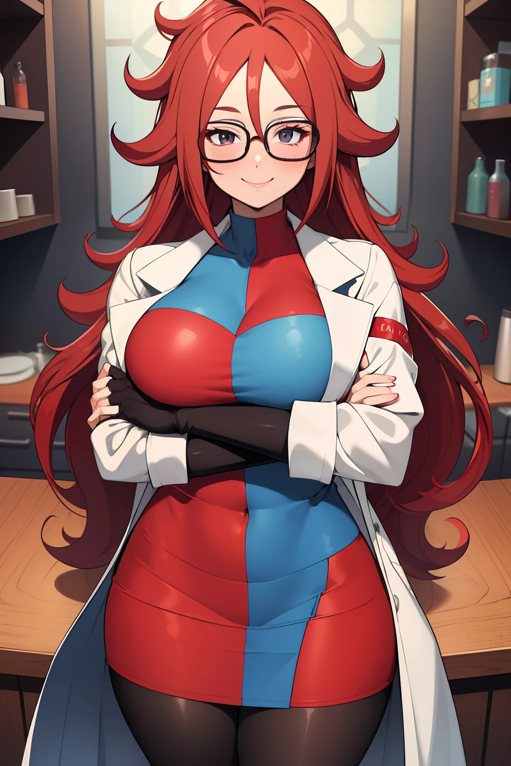 masterpiece, best quality, defa21, glasses, checkered dress, labcoat, black pantyhose, upper body, large breasts, smile, blush, happy , looking at viewer, closed mouth, countertop, science, beakers, microscope, crossed arms, in love, red hair, scarlet hair,