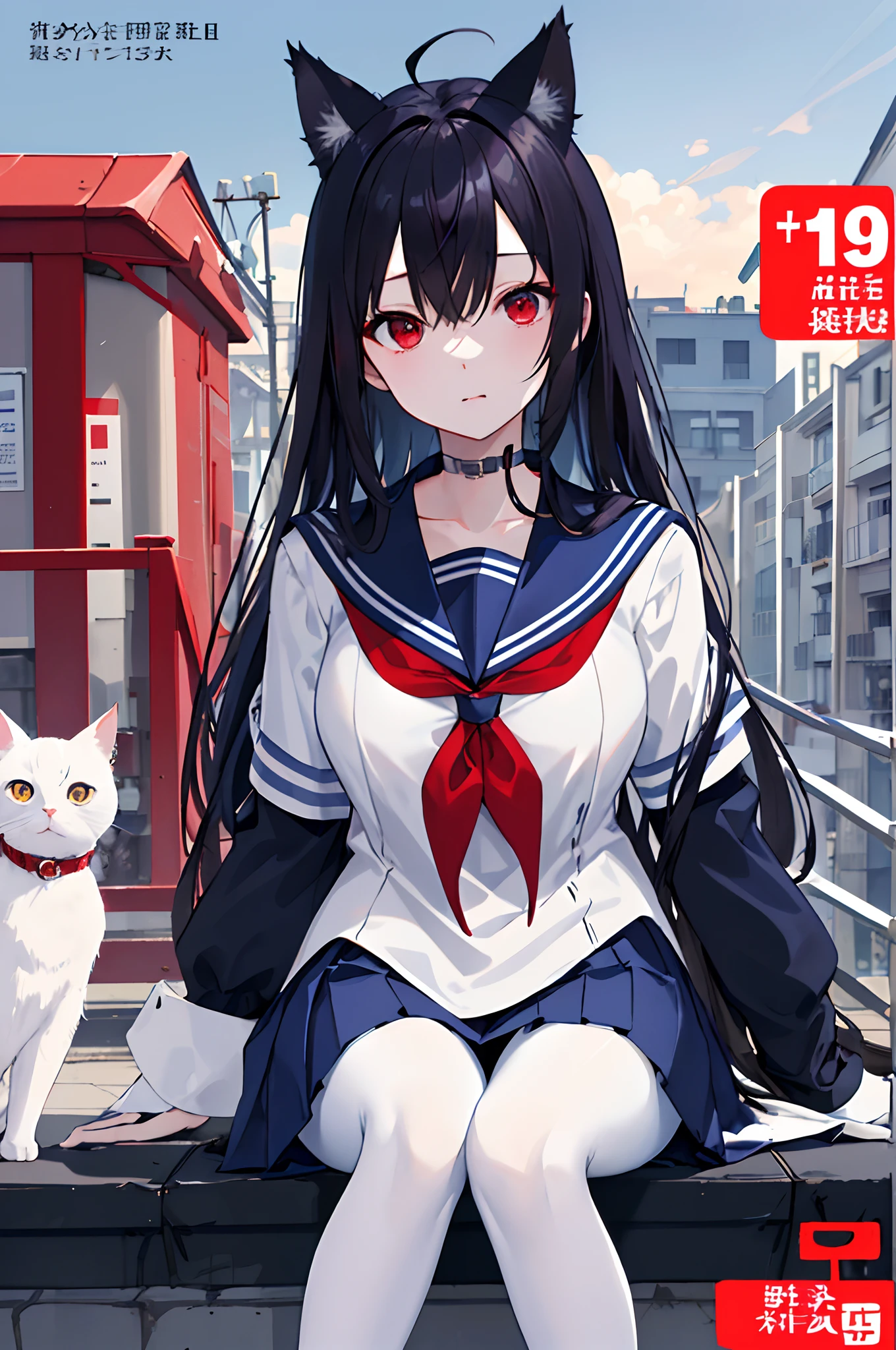 ((masterpiece、top-quality))、girl with、独奏、skirt by the、Skysky、Mare、sitting on、panthyhose、serafuku、clouds、black gloves、outside of house、neckerchief、tag、bangss、The shirt、Ahoge、On the rooftop、length hair、big breasts
White pantyhose、A dark-haired、校服、White sailor color、red eyes、sailor collar、a blue skirt、red neckerchief、Blue Serafku、animal ear、blue open sky、long-sleeve、Blue shirt、looking at the viewers、Keep your mouth shut、cat ear、chain-link fence、pleatedskirt、cloudy ash sky、a trash can (magazine:1.3), (cover-style:1.3), Fashionable, femele, with a vibrant, outfits, the pose, the front, Colorful, Dynamic, Background with, element, I'm confident, expresive, ngel, statement, accessorized, An majestic, coiled, surroundings, touch, The scene, Texto, covers, It's bold, captures the attention, titles, stylish, font, Catchy, headline, The large, impressive, moderno, Trendy, focus, lo fashion,