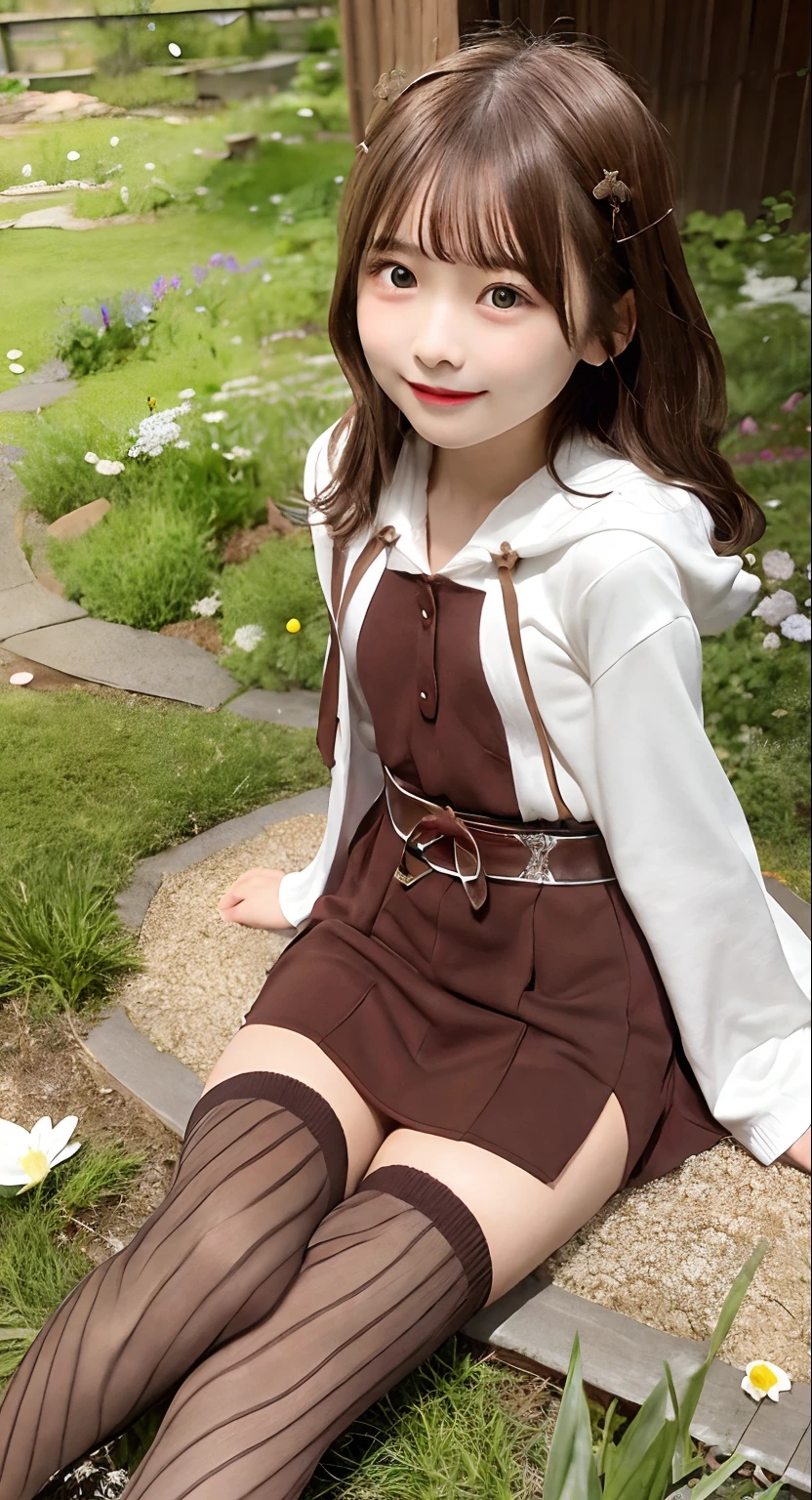 Lili, 1girl in, Solo, A smile,The clothes ar,Brown hair、lawn、sun
skirt,legwear very,Hood down,,ers old、japanes、cute little