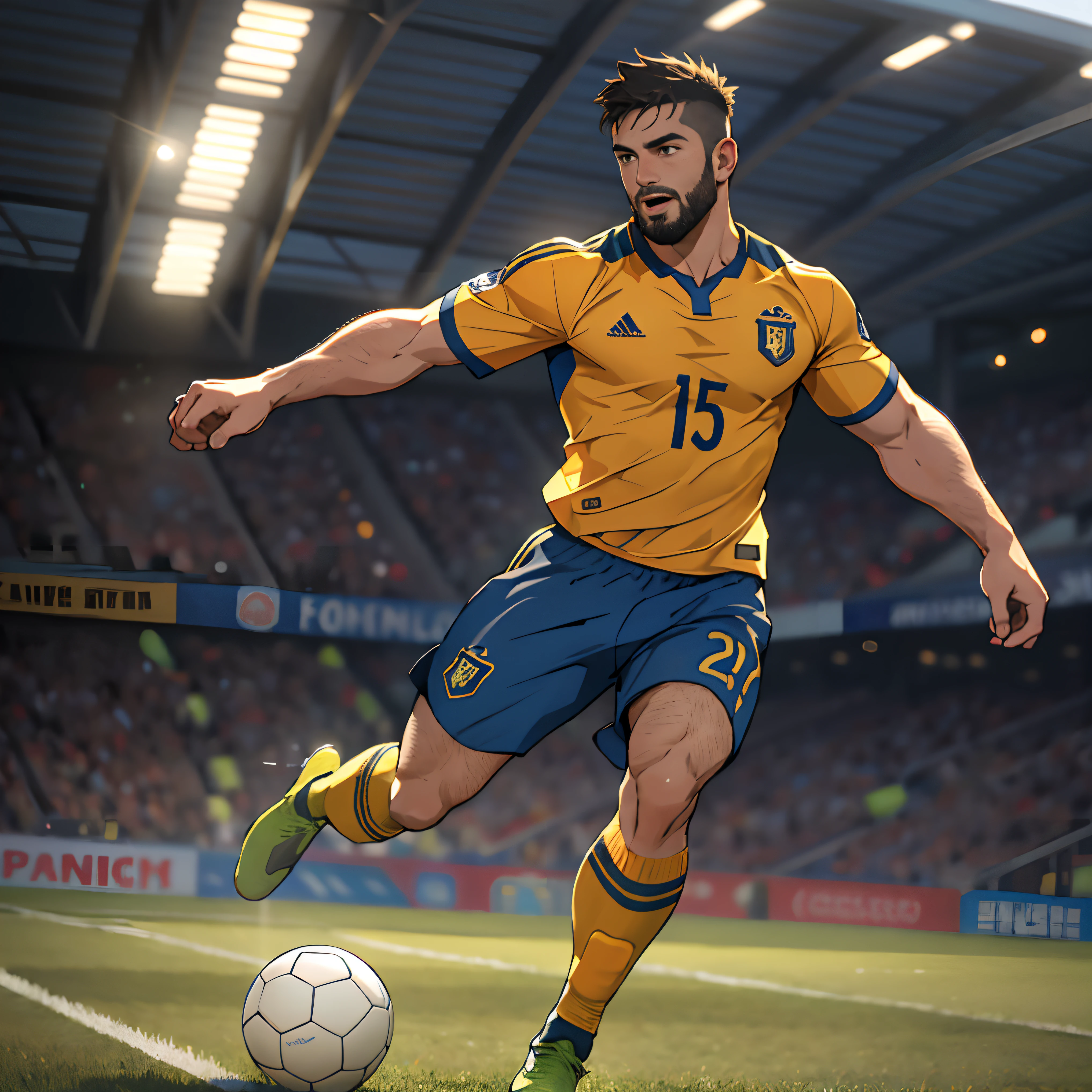 best quality, masterpiece, super high resolution, detailed background, realism, Illustrations, single, 1 boy, soccer field, muscles, volumetric lighting, depth of field, full body, facial hair, soccer player, yellow clothes