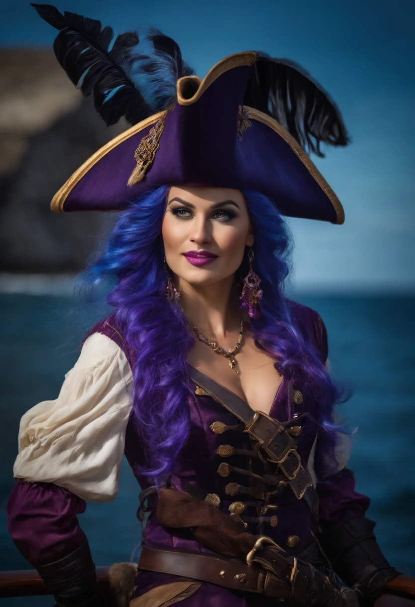 Licorne, Capitaine pirate, sourire, sur un navire, femelle, couleur violette, long back mane three shades of blue that ends in a ponytail, Tenue de pirate, tricorne de capitaine pirate.